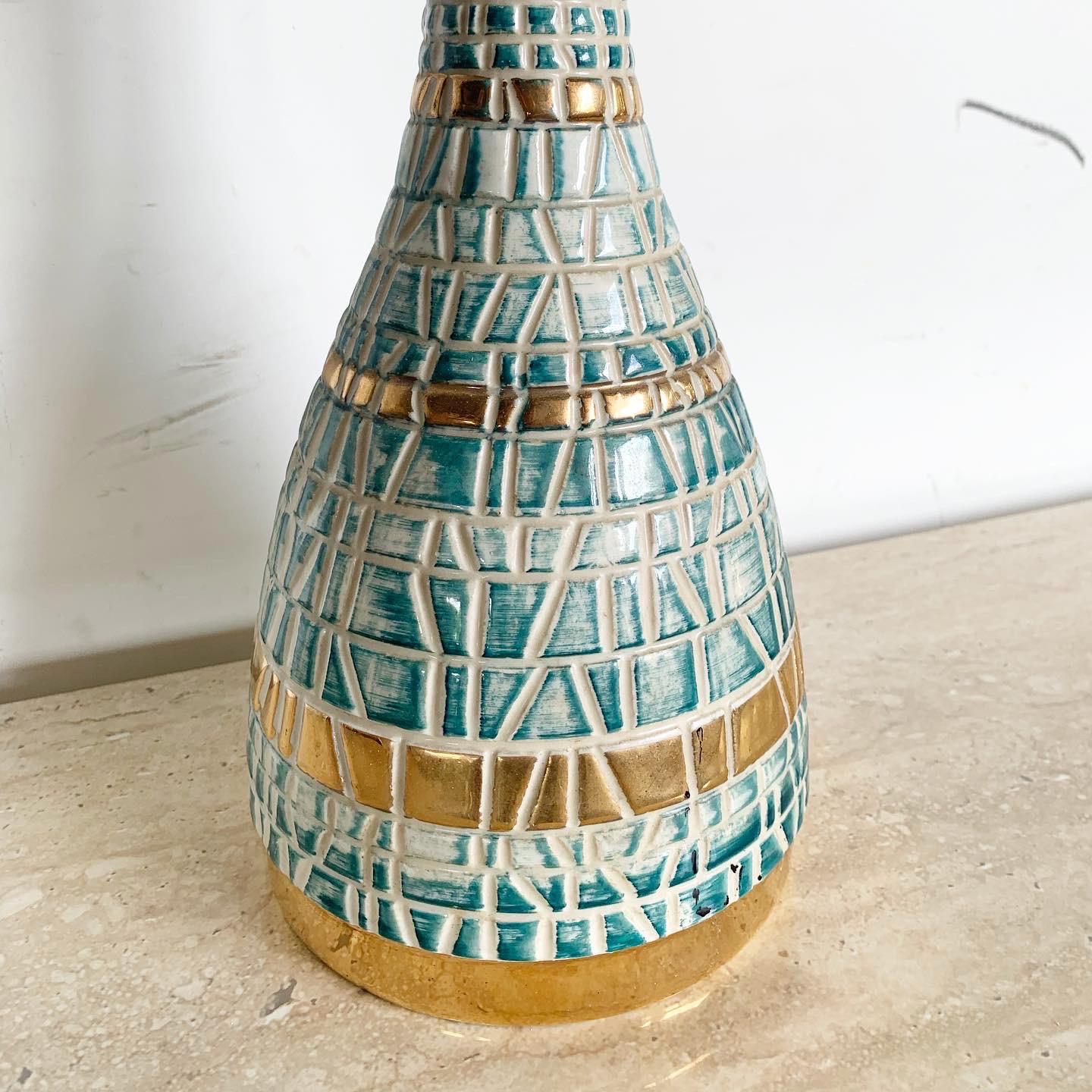 Mid Century Modern Green and Gold Faux Mosaic Ceramic Table Lamp For Sale 1