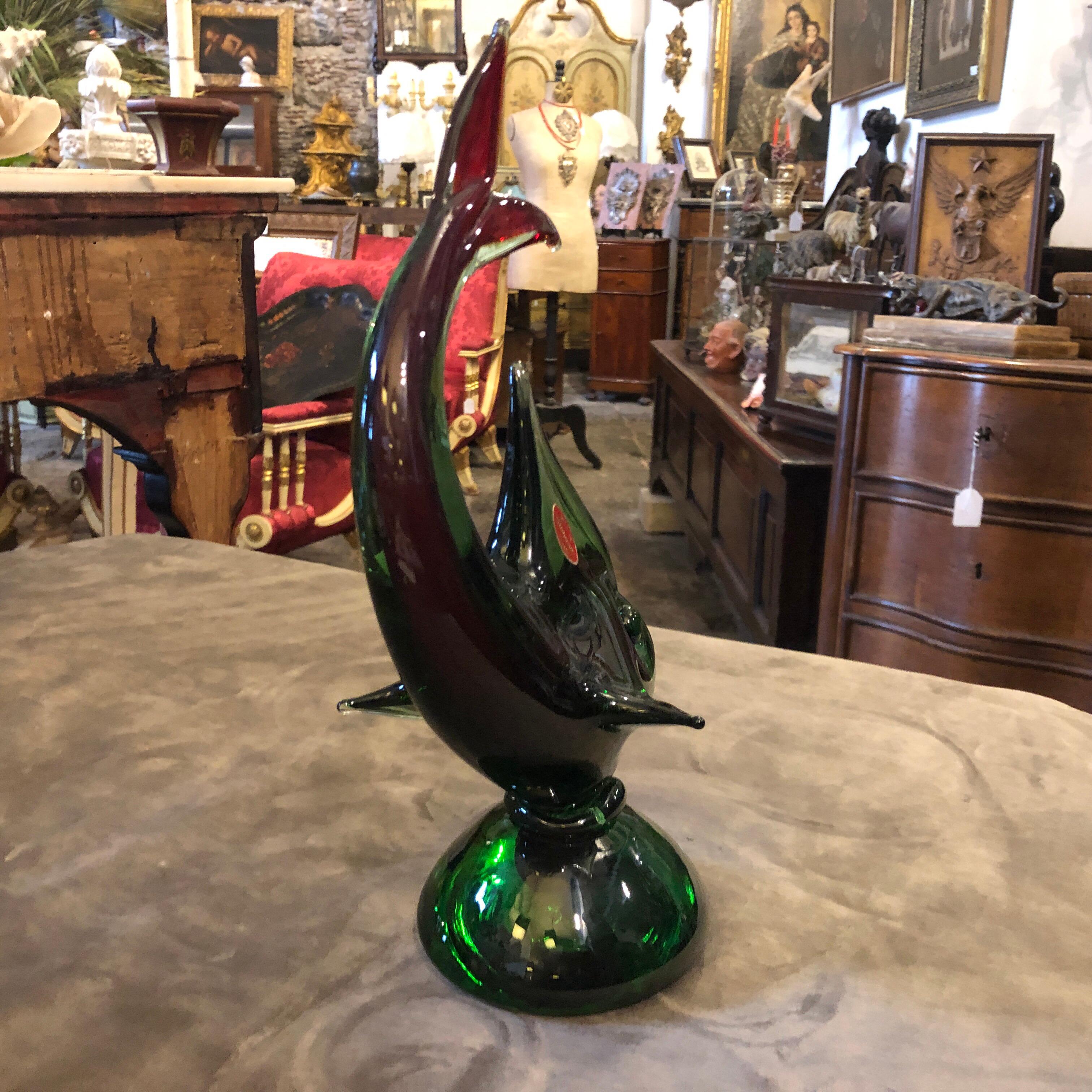 1970s Mid-Century Modern Green and Red Murano Glass Shark For Sale 2