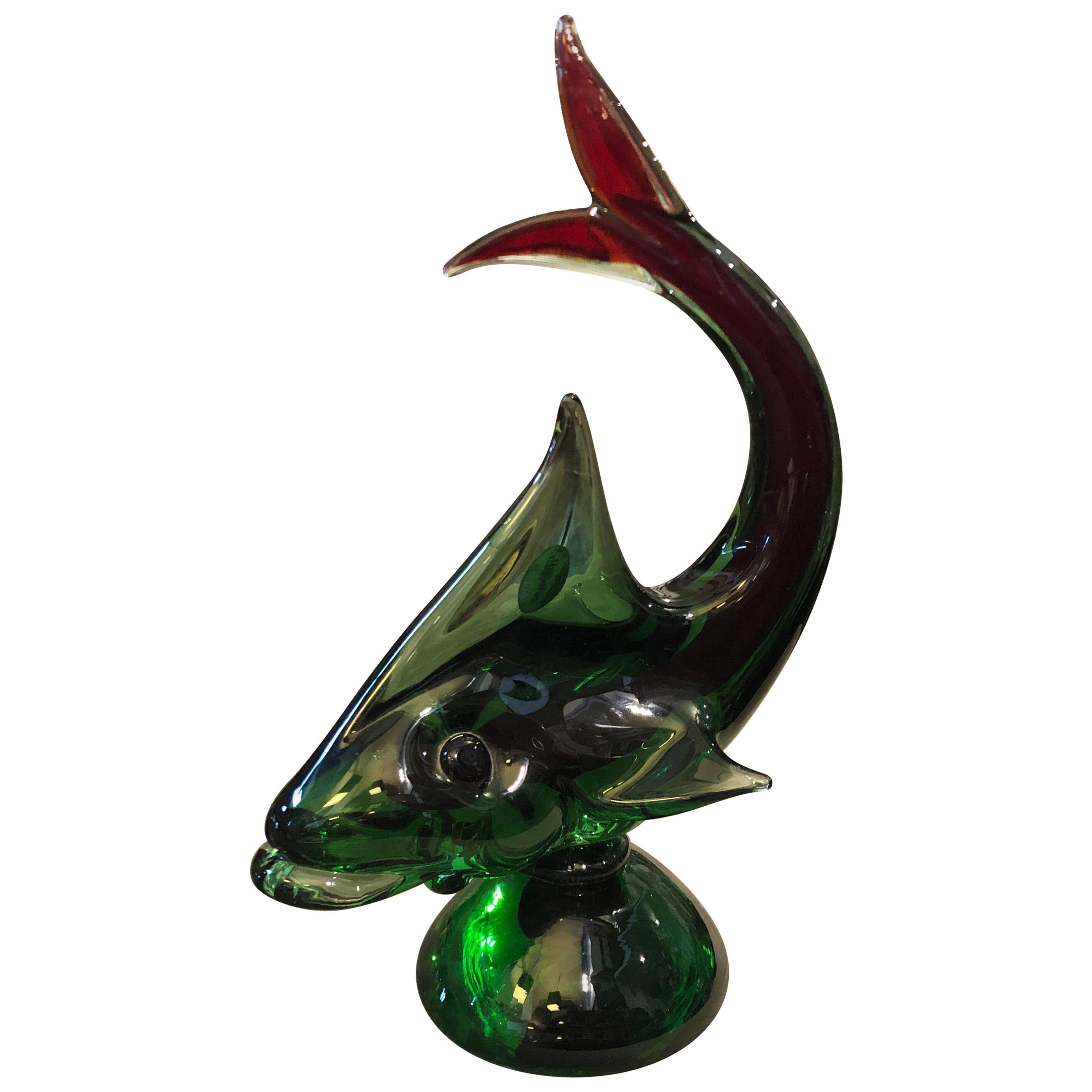 1970s Mid-Century Modern Green and Red Murano Glass Shark For Sale