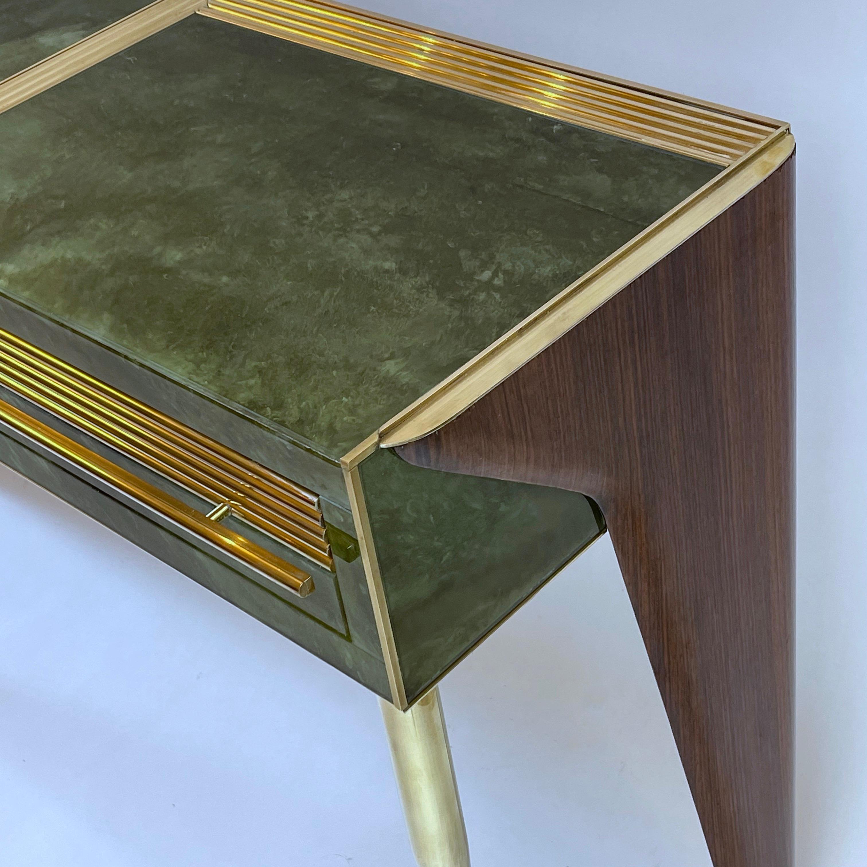 Mid-Century Modern Green Artistic Murano Glass Console w/ Brass & Wood Details 8