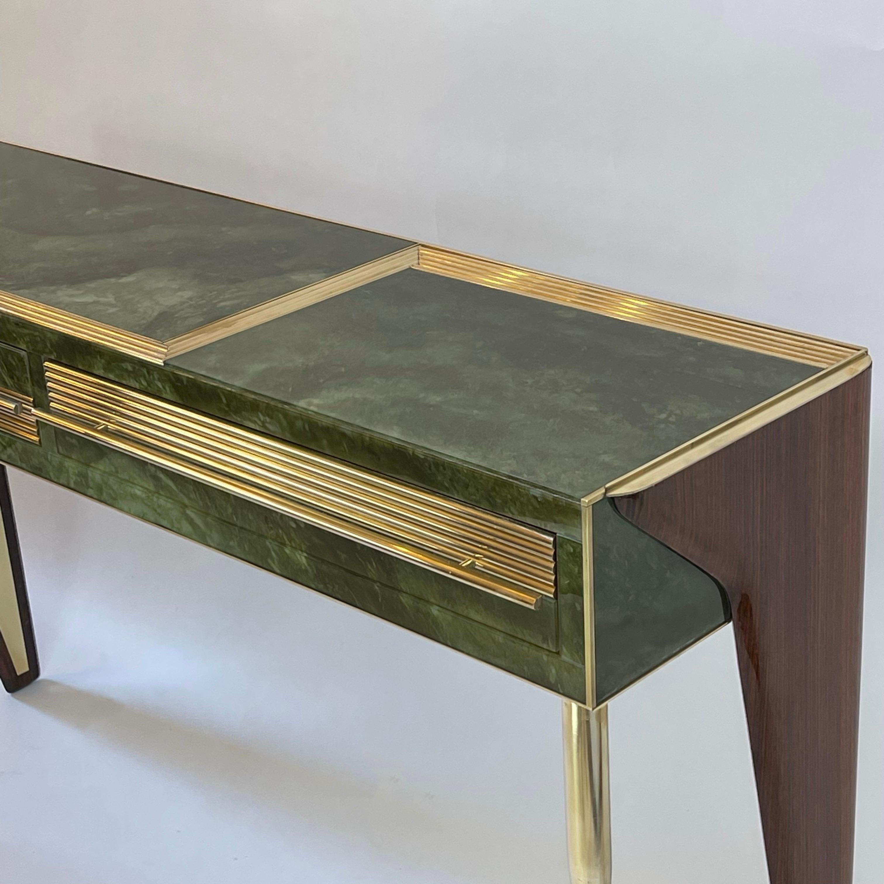 Mid-Century Modern Green Artistic Murano Glass Console w/ Brass & Wood Details 10