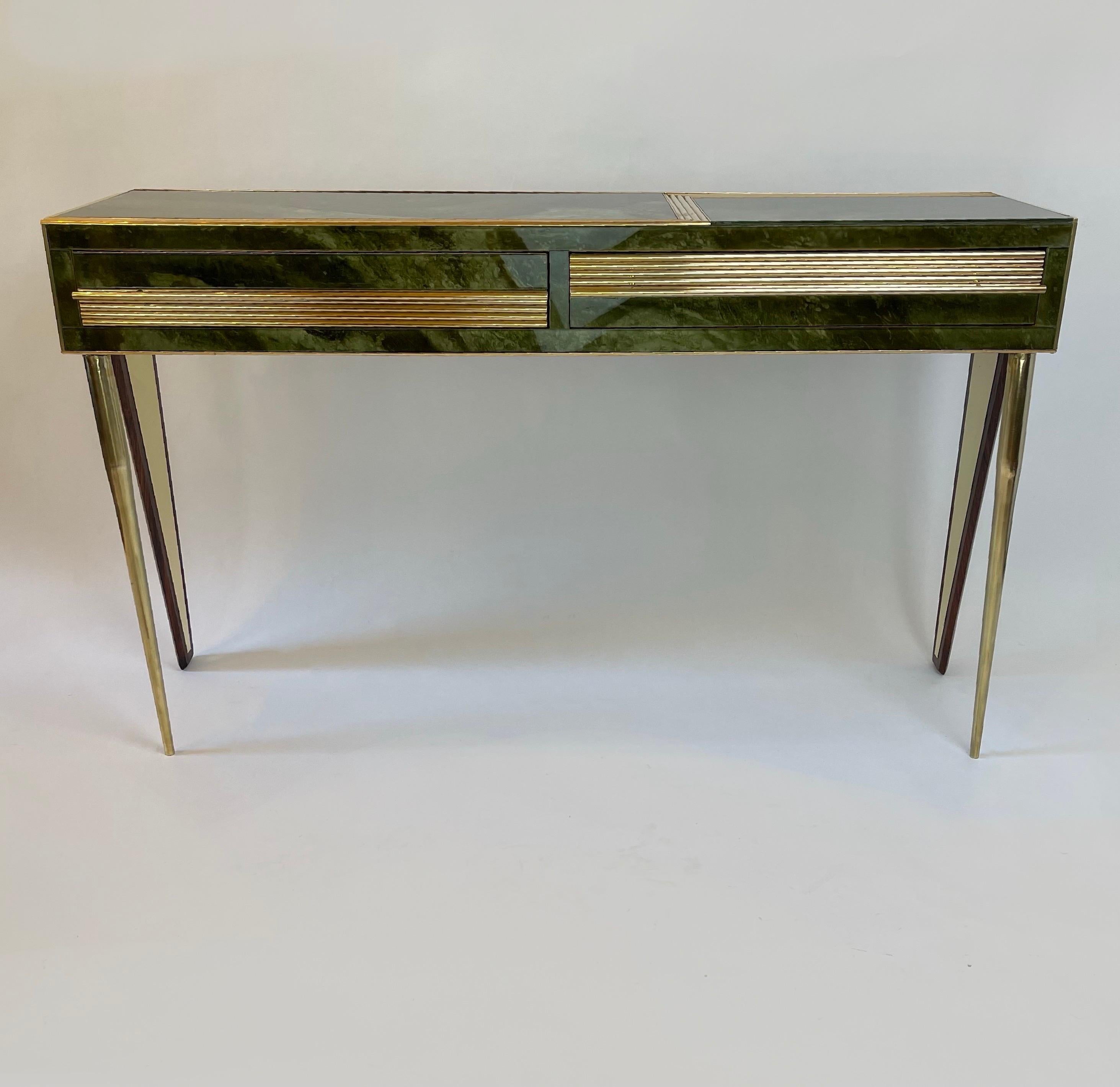 Italian Mid-Century Modern Green Artistic Murano Glass Console w/ Brass & Wood Details