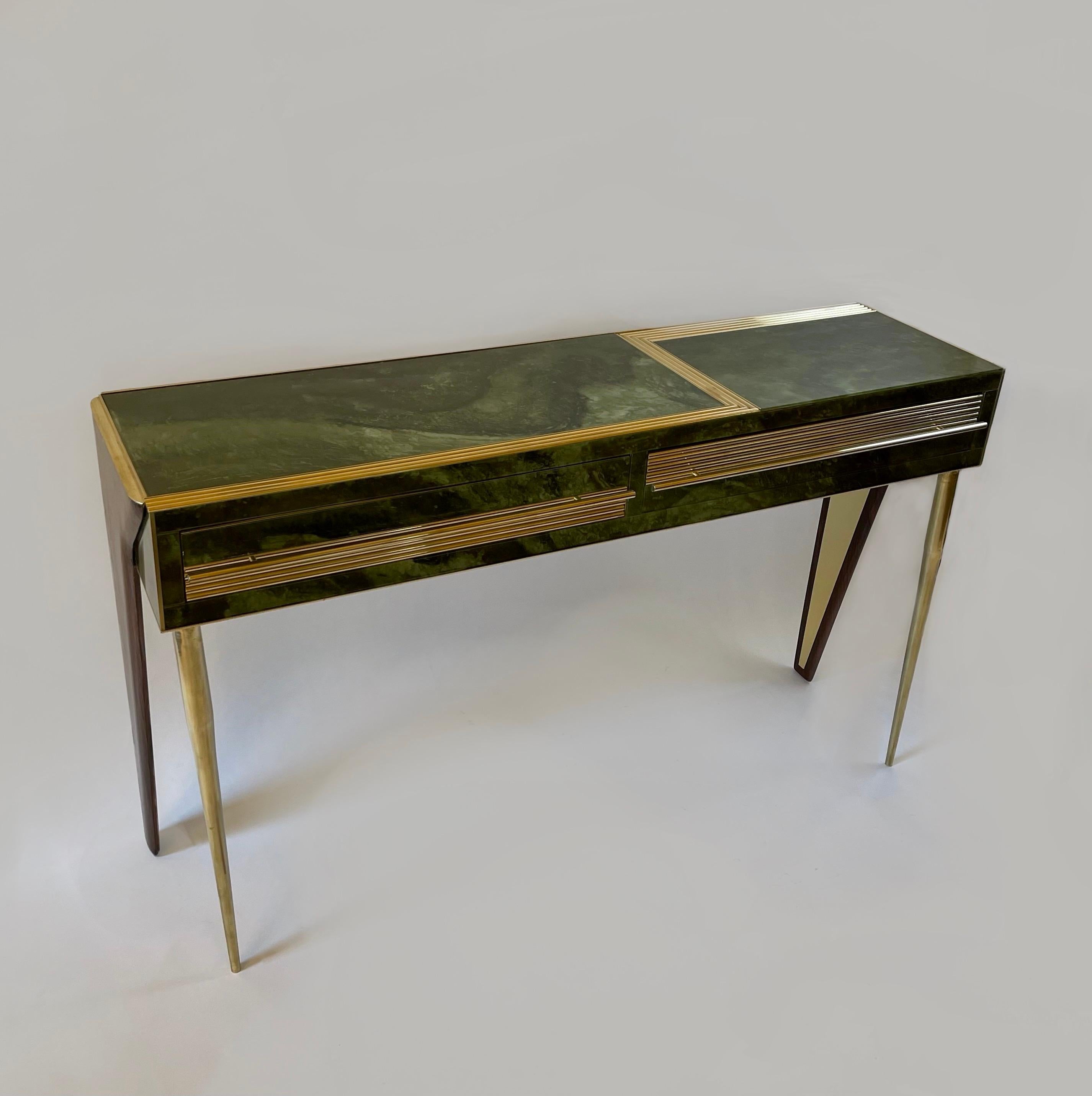 Mid-20th Century Mid-Century Modern Green Artistic Murano Glass Console w/ Brass & Wood Details