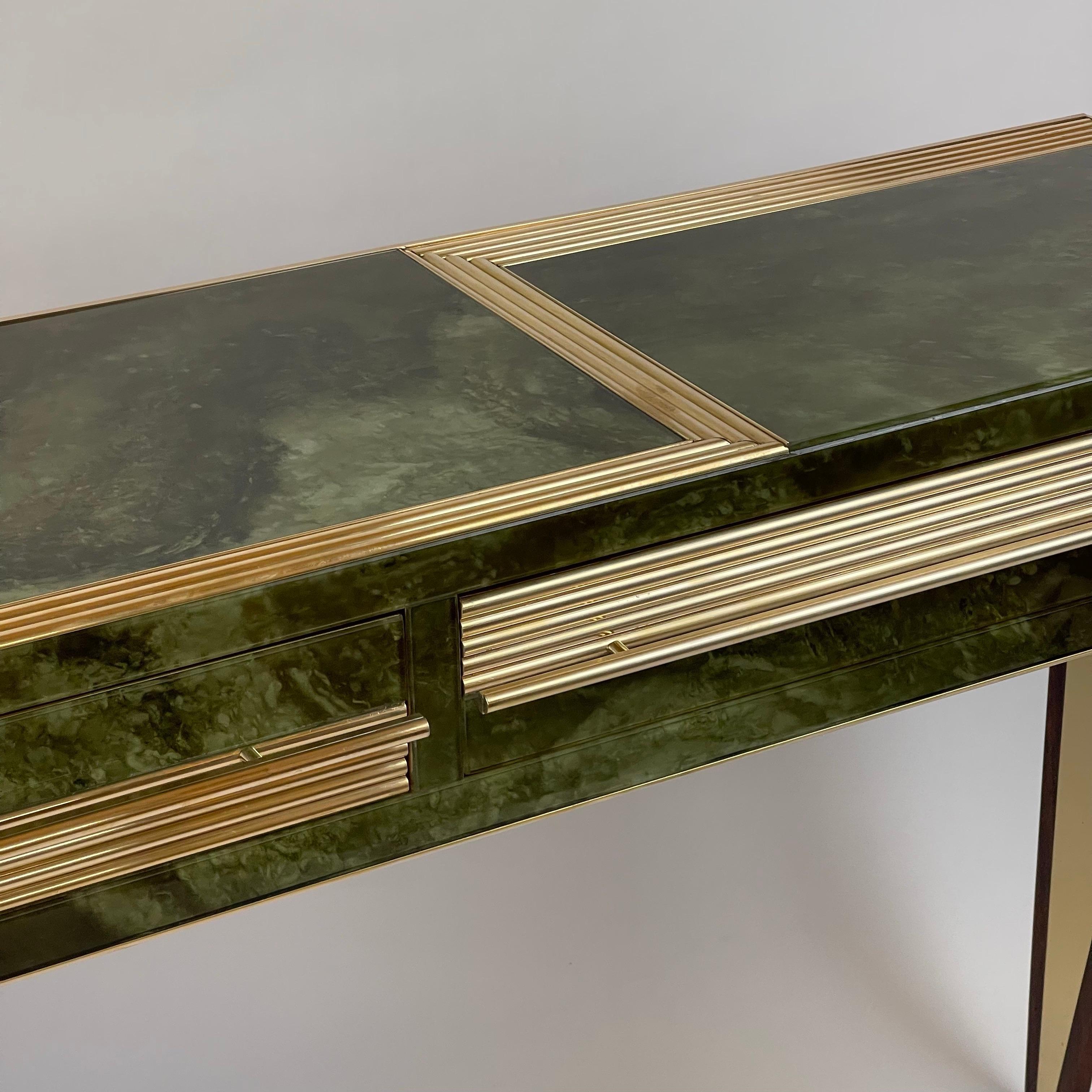 Mid-Century Modern Green Artistic Murano Glass Console w/ Brass & Wood Details 3