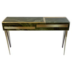 Mid-Century Modern Green Artistic Murano Glass Console w/ Brass & Wood Details