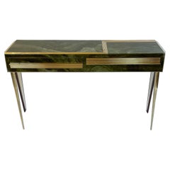 Mid-Century Modern Green Artistic Murano Glass Console w/ Brass & Wood Details