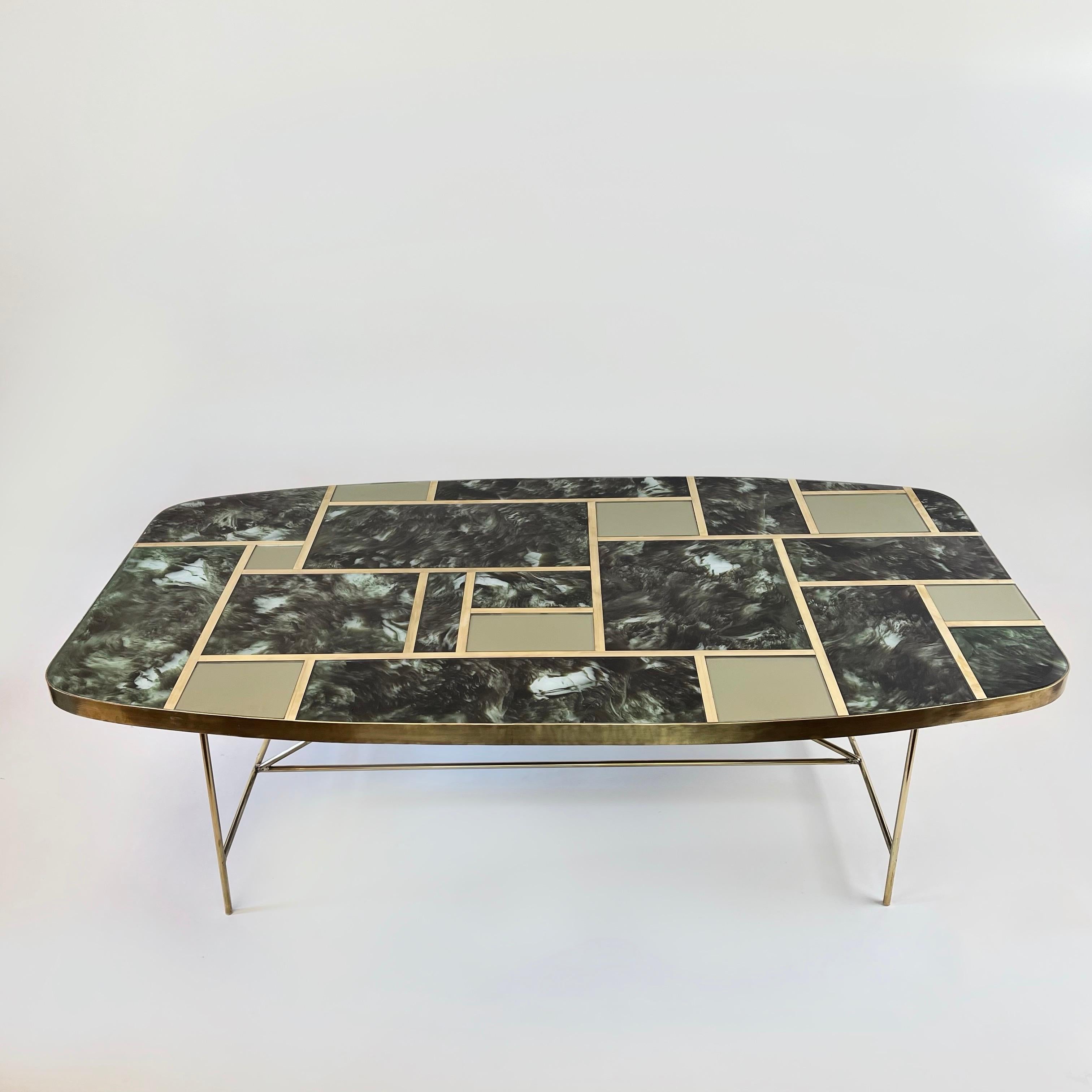 The coffee table marquetry top has two different glass colors: Emerald & Light Green (plain) and solid brass legs.
 