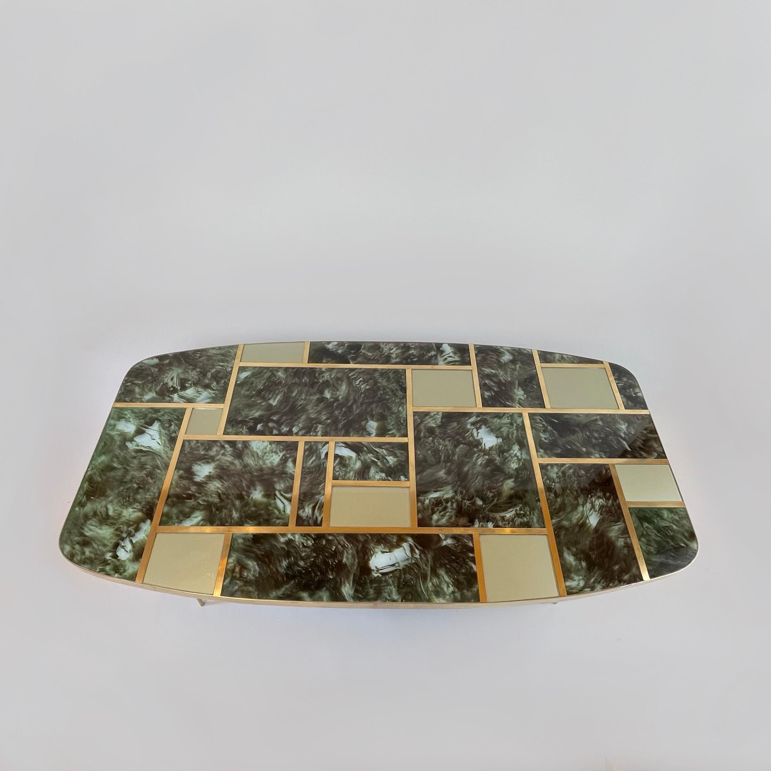 Italian Mid-Century Modern Green Artistic Murano Glass w/ Brass Details Coffee Table For Sale