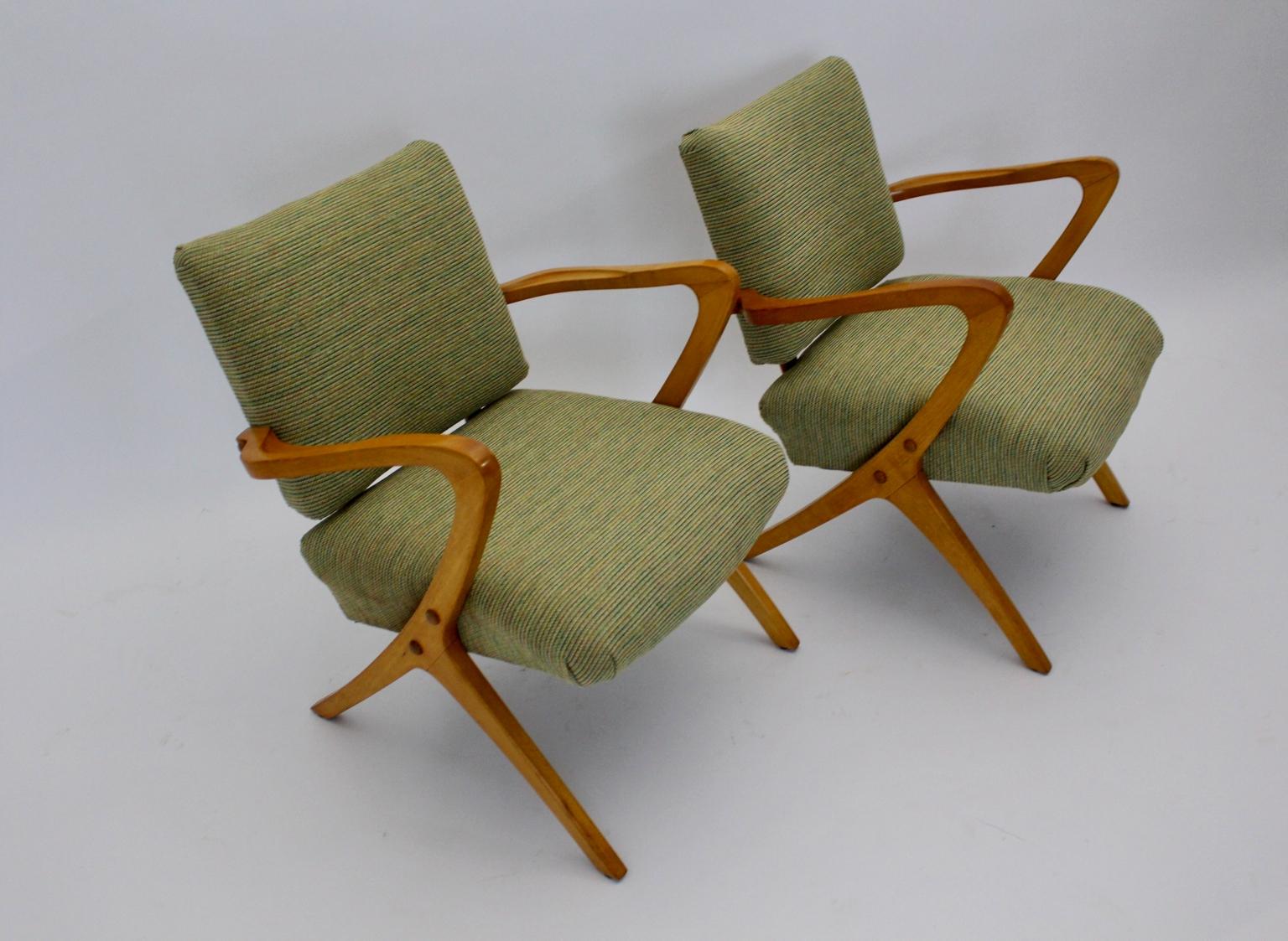 Mid-Century Modern Green Beech Vintage Mid Century Modern Armchairs or Lounge Chairs Vienna, 1950s For Sale