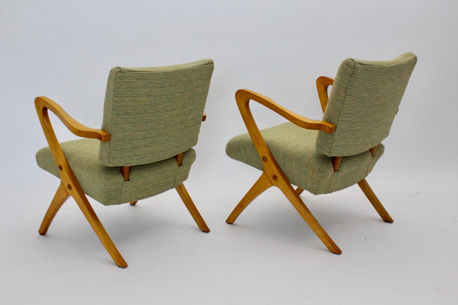 Austrian Green Beech Vintage Mid Century Modern Armchairs or Lounge Chairs Vienna, 1950s For Sale