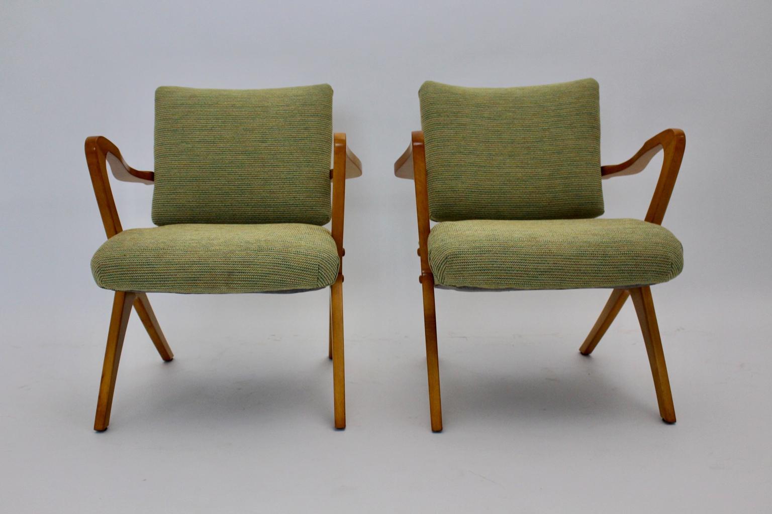 Green Beech Vintage Mid Century Modern Armchairs or Lounge Chairs Vienna, 1950s For Sale 1