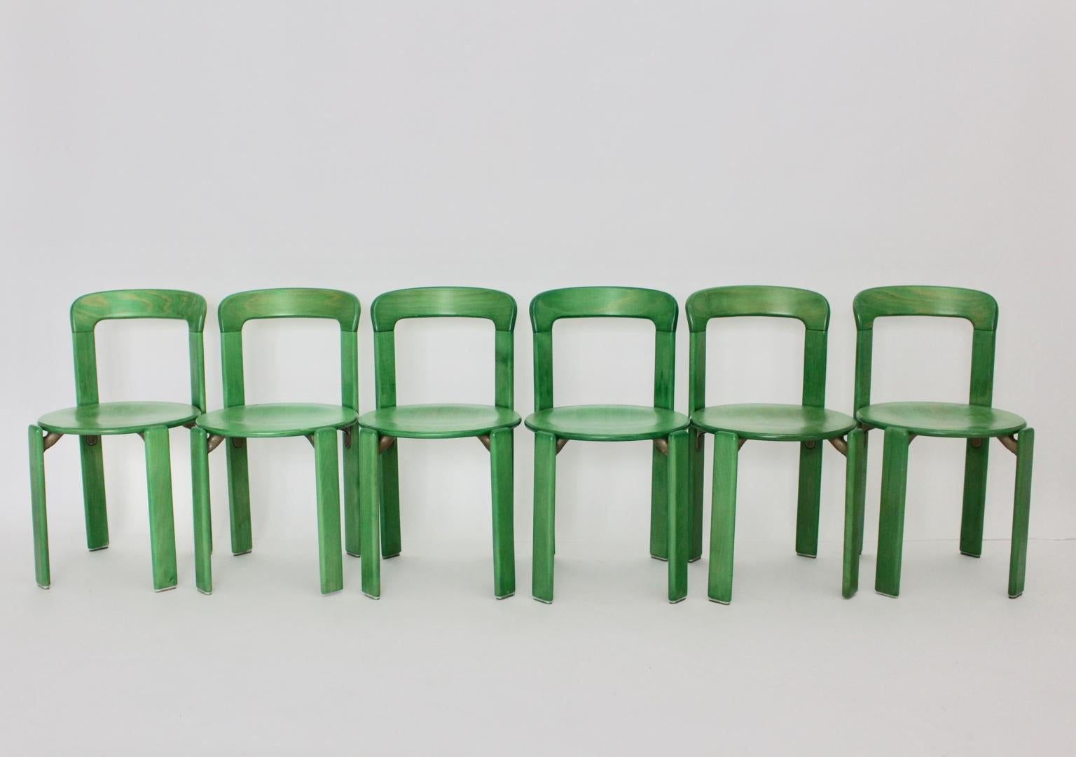 A set of ten stackable vintage dining room chairs, which were designed by Bruno Rey, Switzerland, circa 1970.
Furthermore the chairs were executed by Dietiker, Switzerland. The chairs were made of beechwood, laminated beech plywood and cast
