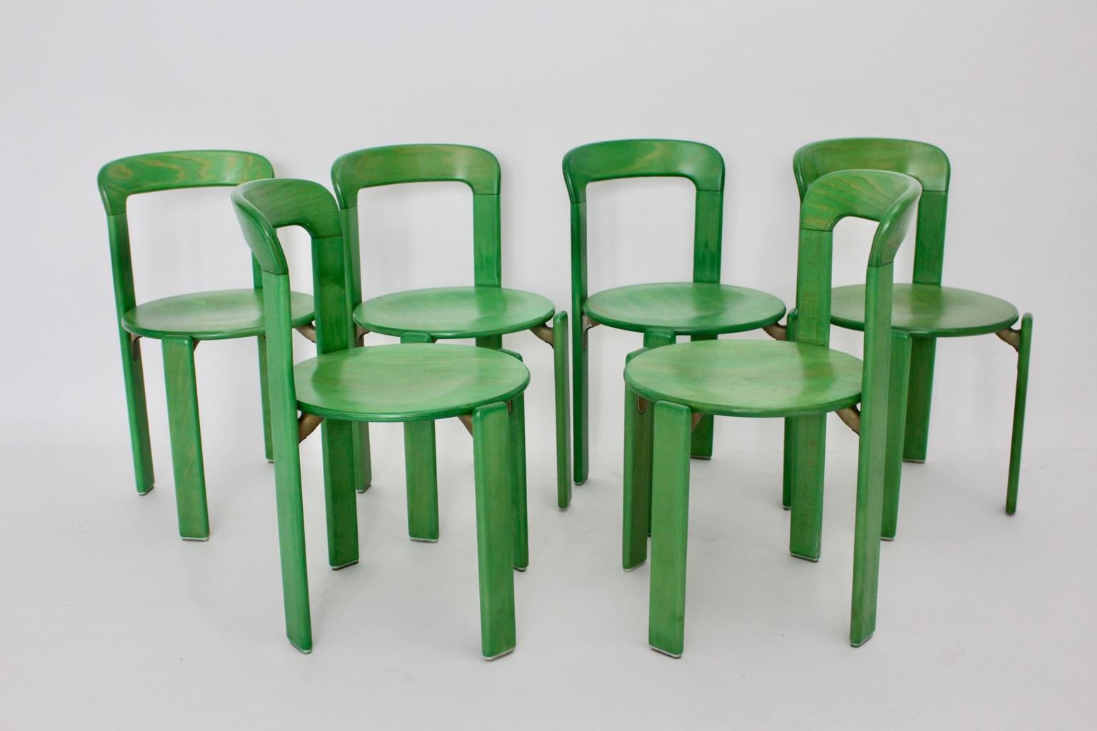 German Mid-Century Modern Green Beech Vintage Dining Chairs Bruno Rey Set of Ten, 1970s