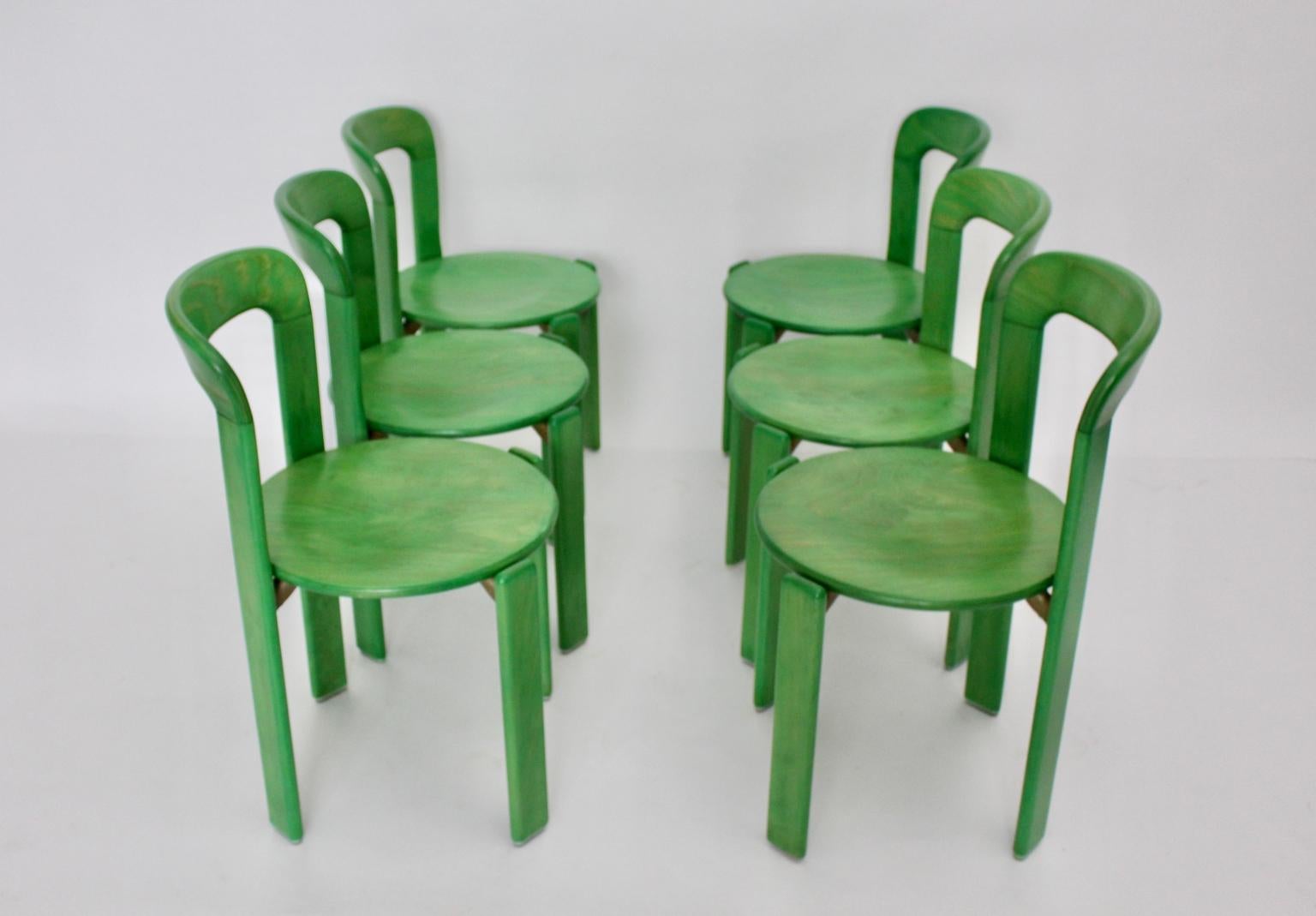 Late 20th Century Mid-Century Modern Green Beech Vintage Dining Chairs Bruno Rey Set of Ten, 1970s