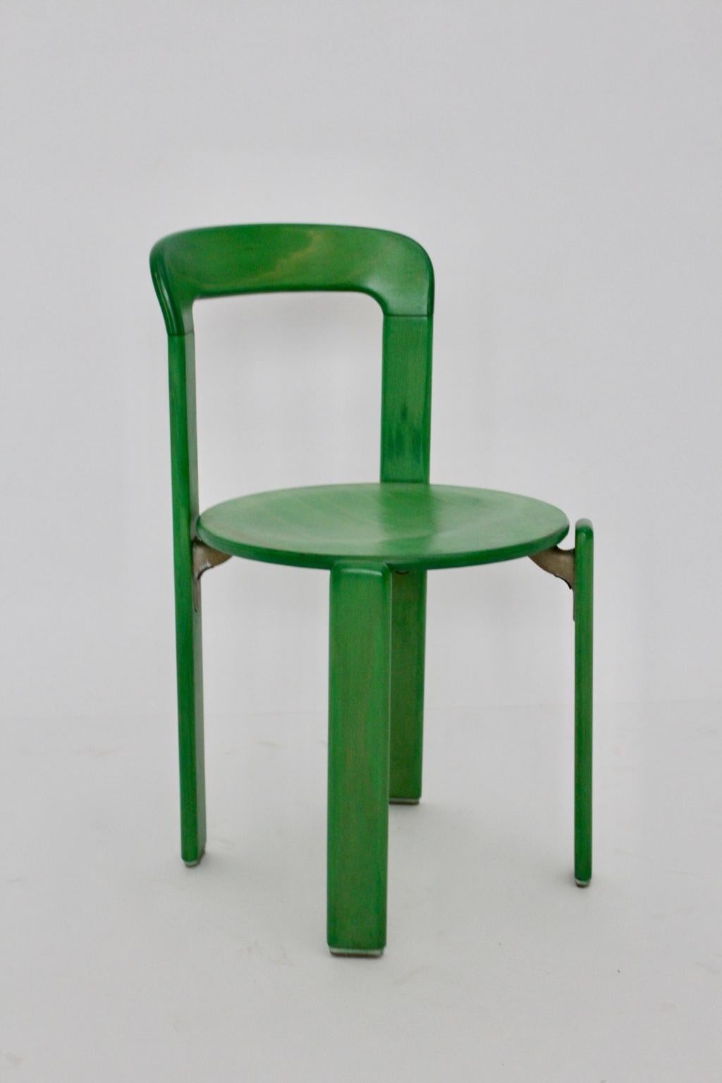 Aluminum Mid-Century Modern Green Beech Vintage Dining Chairs Bruno Rey Set of Ten, 1970s