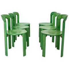 Mid-Century Modern Green Beech Vintage Dining Chairs Bruno Rey Set of Ten, 1970s