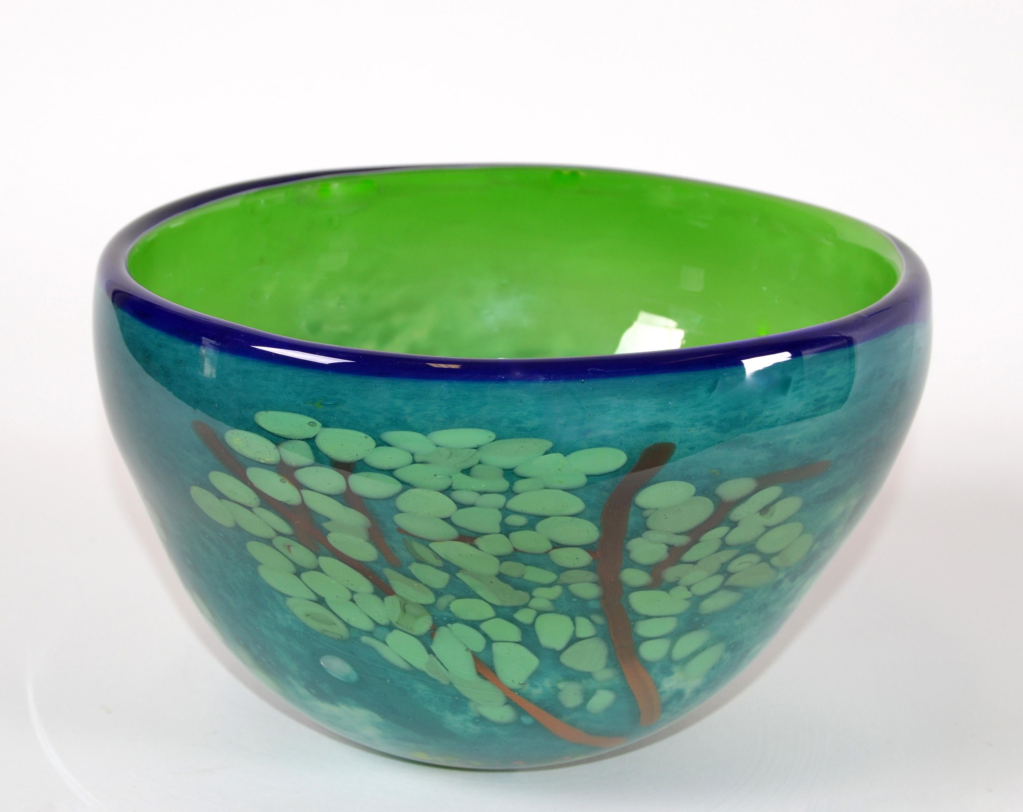Italian Mid-Century Modern Green & Blue Art Glass 3D Tree Centerpiece, Bowl Studio Piece