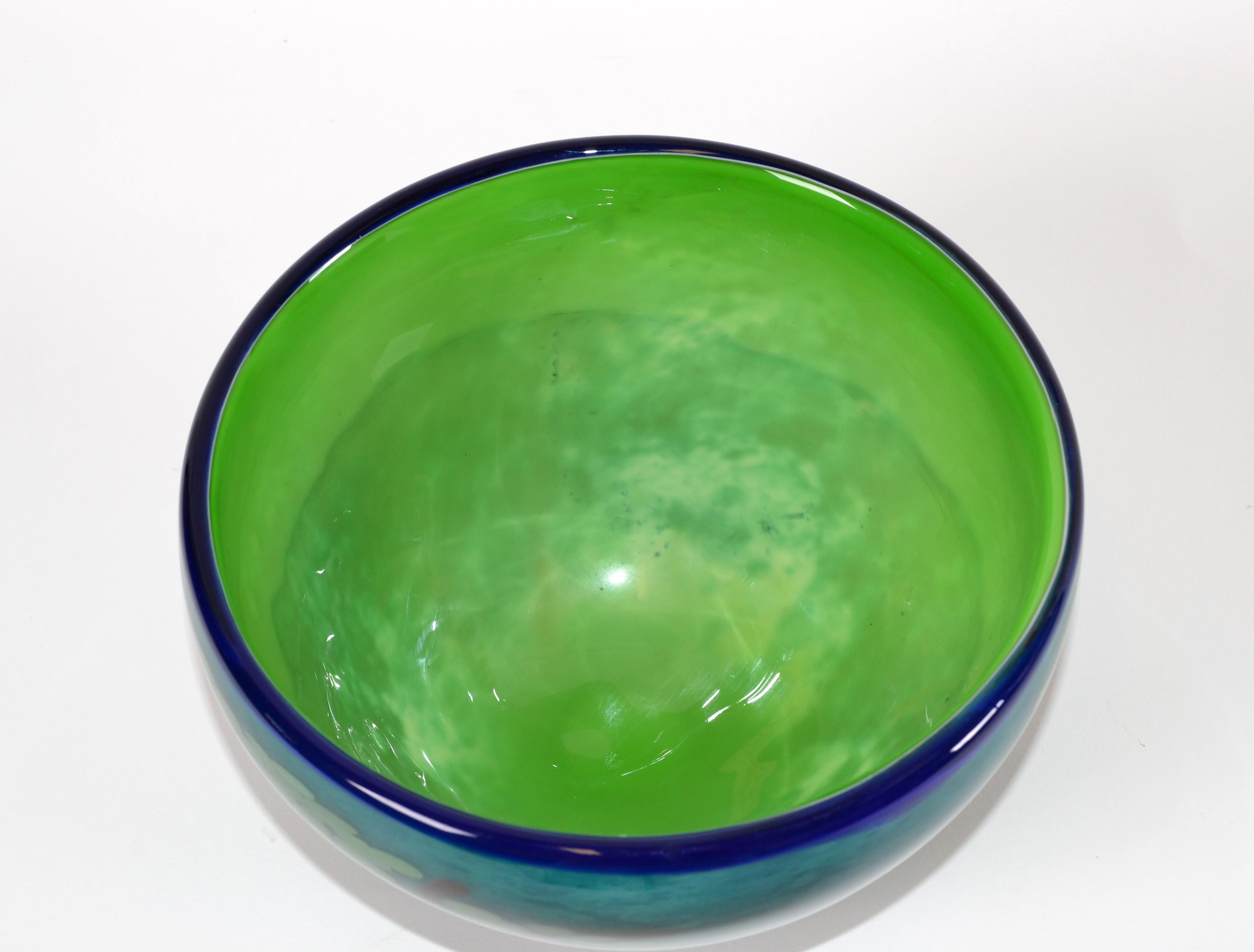 Hand-Crafted Mid-Century Modern Green & Blue Art Glass 3D Tree Centerpiece, Bowl Studio Piece
