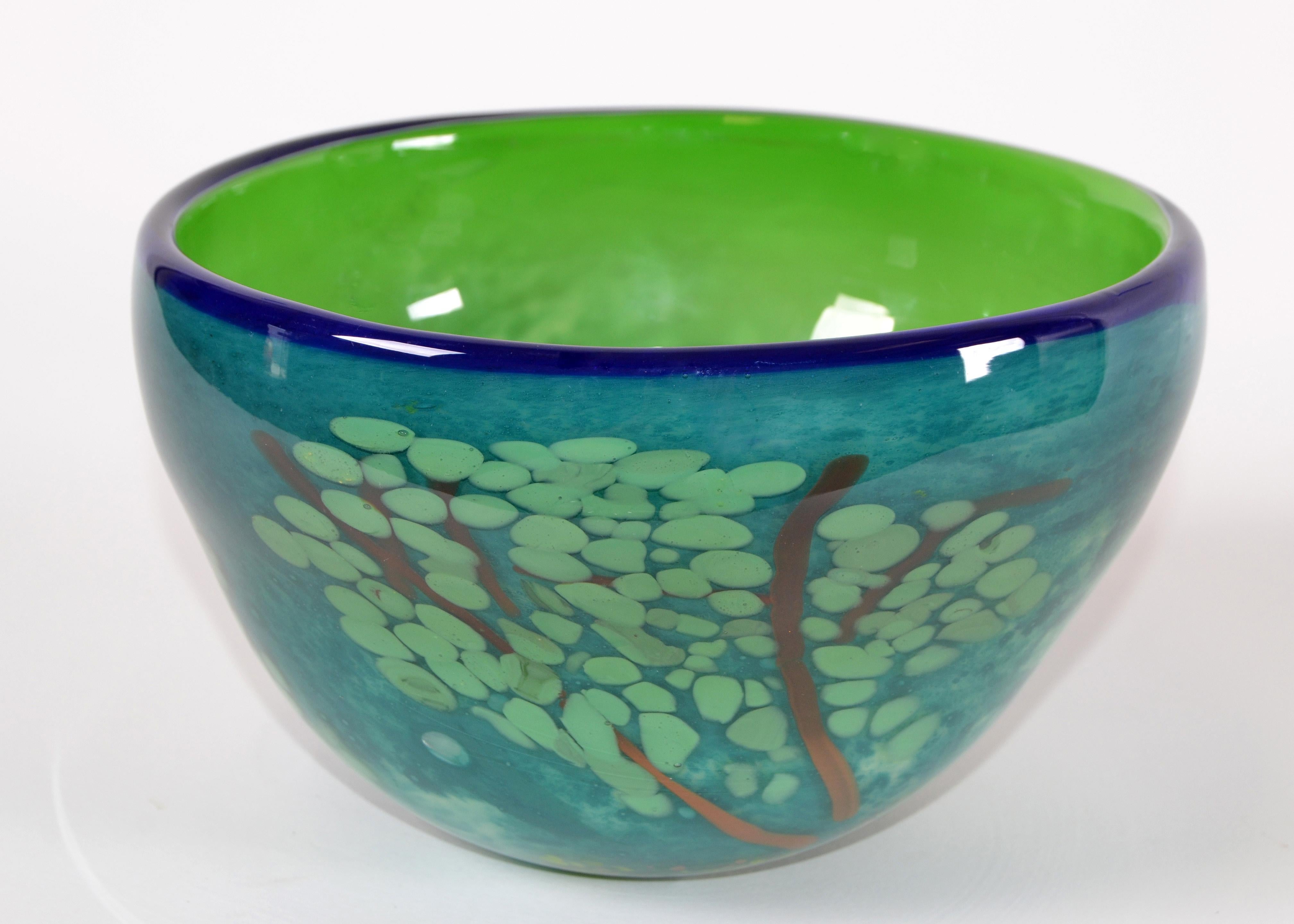 Mid-Century Modern Green & Blue Art Glass 3D Tree Centerpiece, Bowl Studio Piece 2