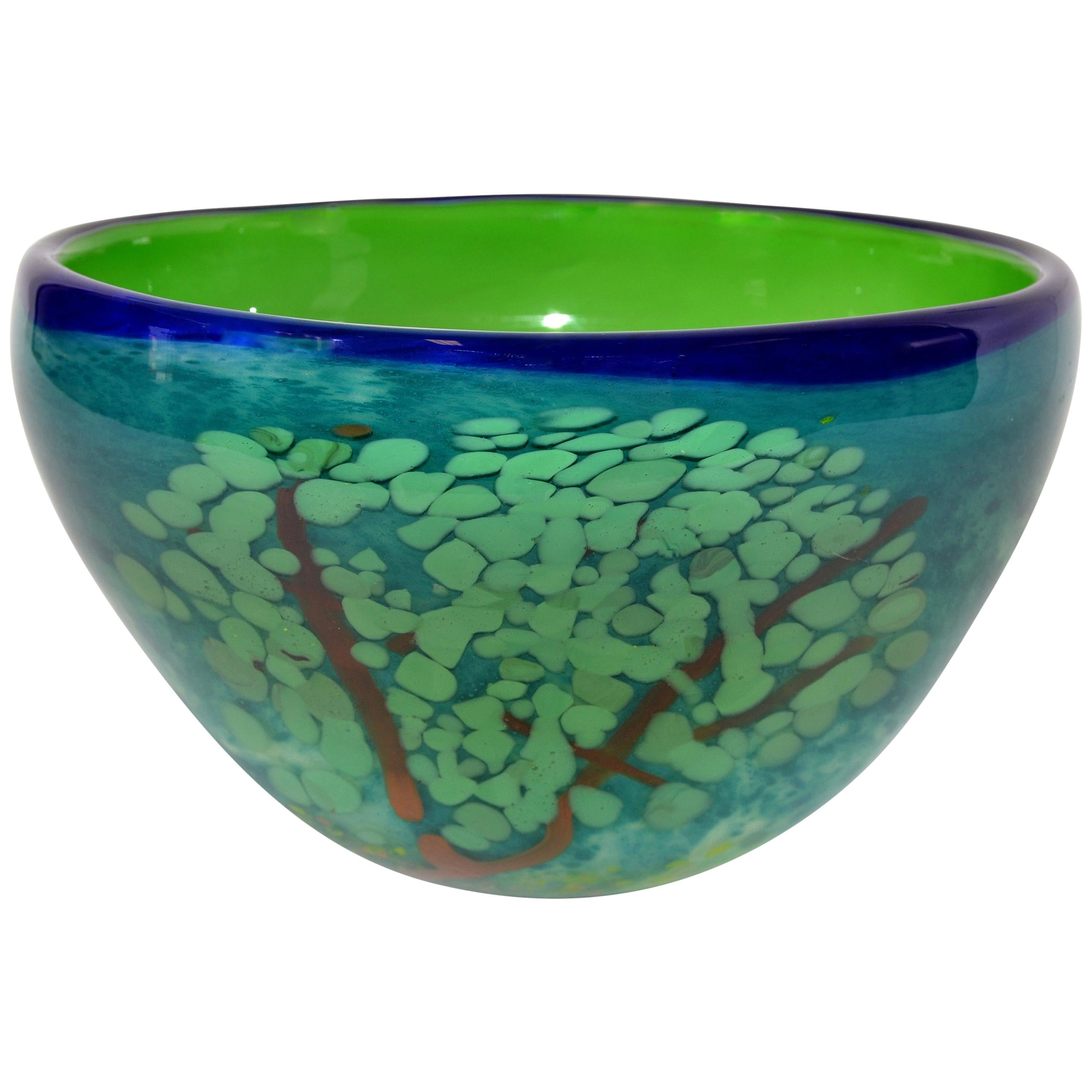 Mid-Century Modern Green & Blue Art Glass 3D Tree Centerpiece, Bowl Studio Piece