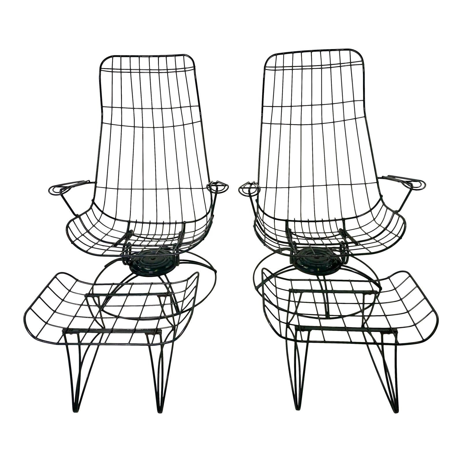 Mid-Century Modern Green Cast Iron Homecrest Wire Lounge Chairs & Ottomans 4 Pcs