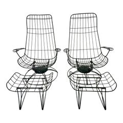 Retro Mid-Century Modern Green Cast Iron Homecrest Wire Lounge Chairs & Ottomans 4 Pcs