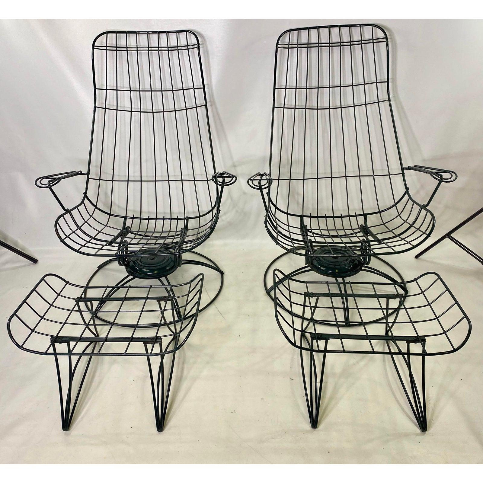 Mid-20th Century Mid-Century Modern Green Cast Iron Homecrest Wire Lounge Chairs & Ottomans 4 Pcs