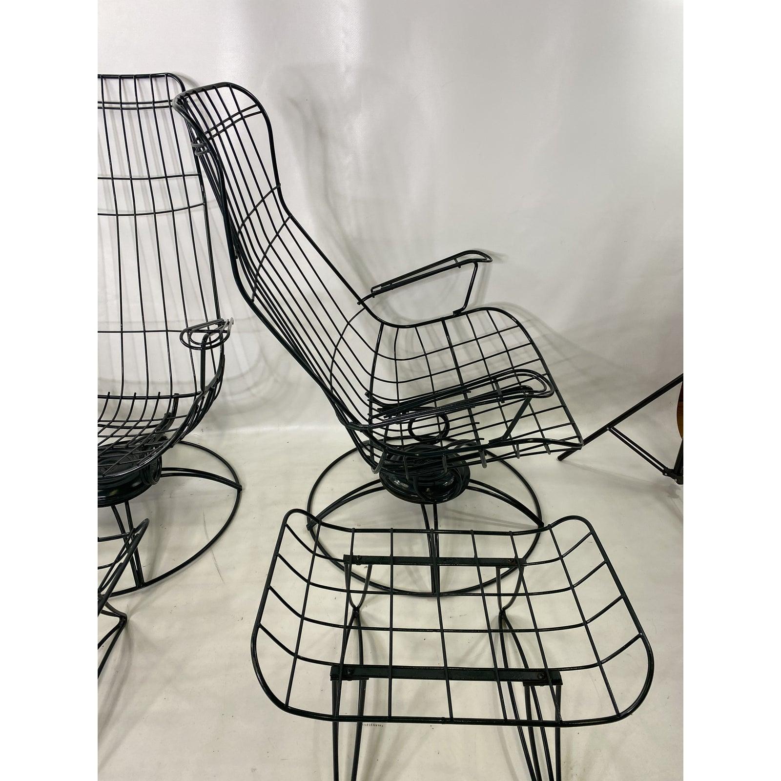 Mid-Century Modern Green Cast Iron Homecrest Wire Lounge Chairs & Ottomans 4 Pcs 2