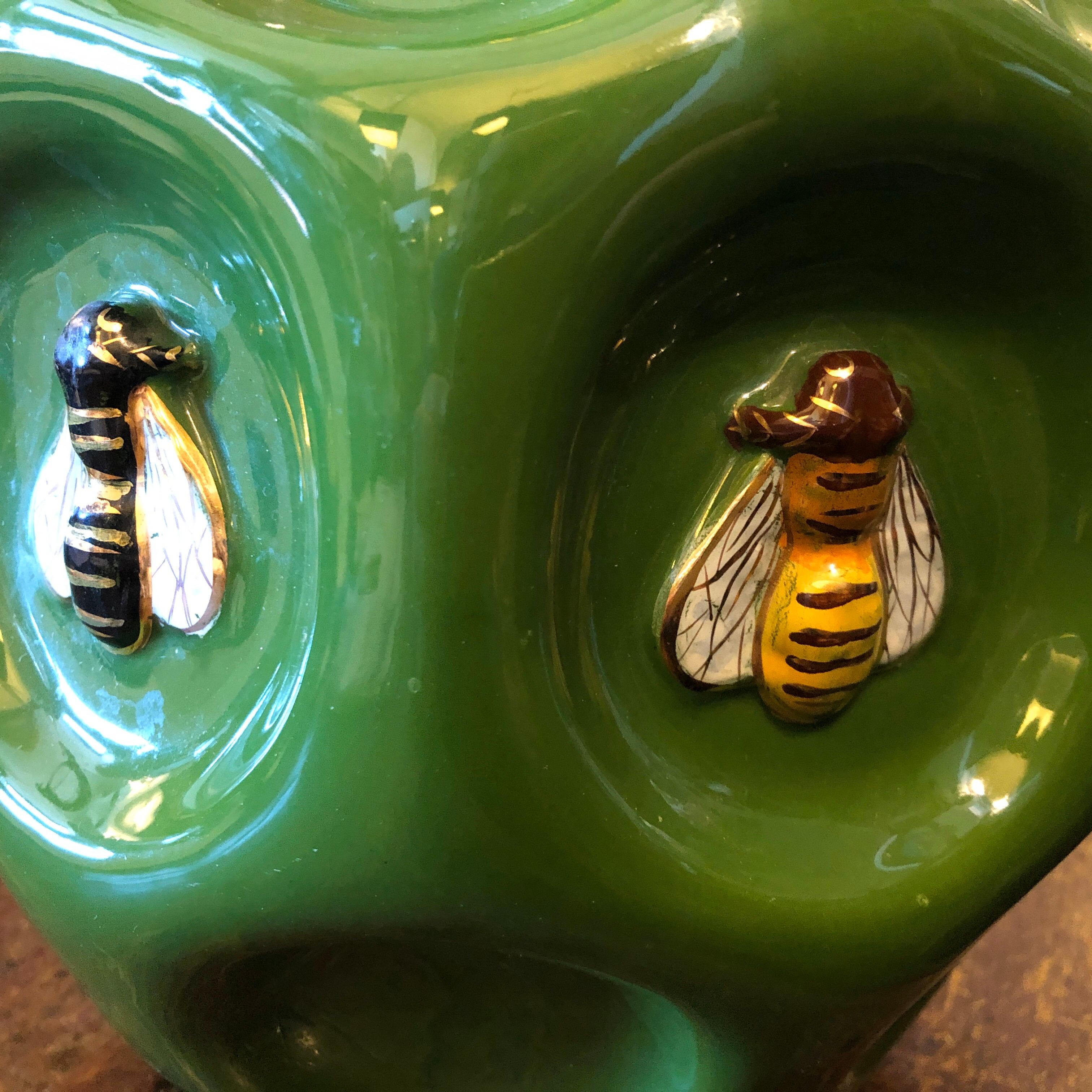 A rare ceramic vase made in Italy in the 1960s. It's marked San Polo on the bottom. The green vase is decorated with bees.