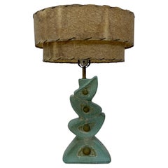Mid-Century Modern Green Ceramic Lamp with Original Parchment Shade
