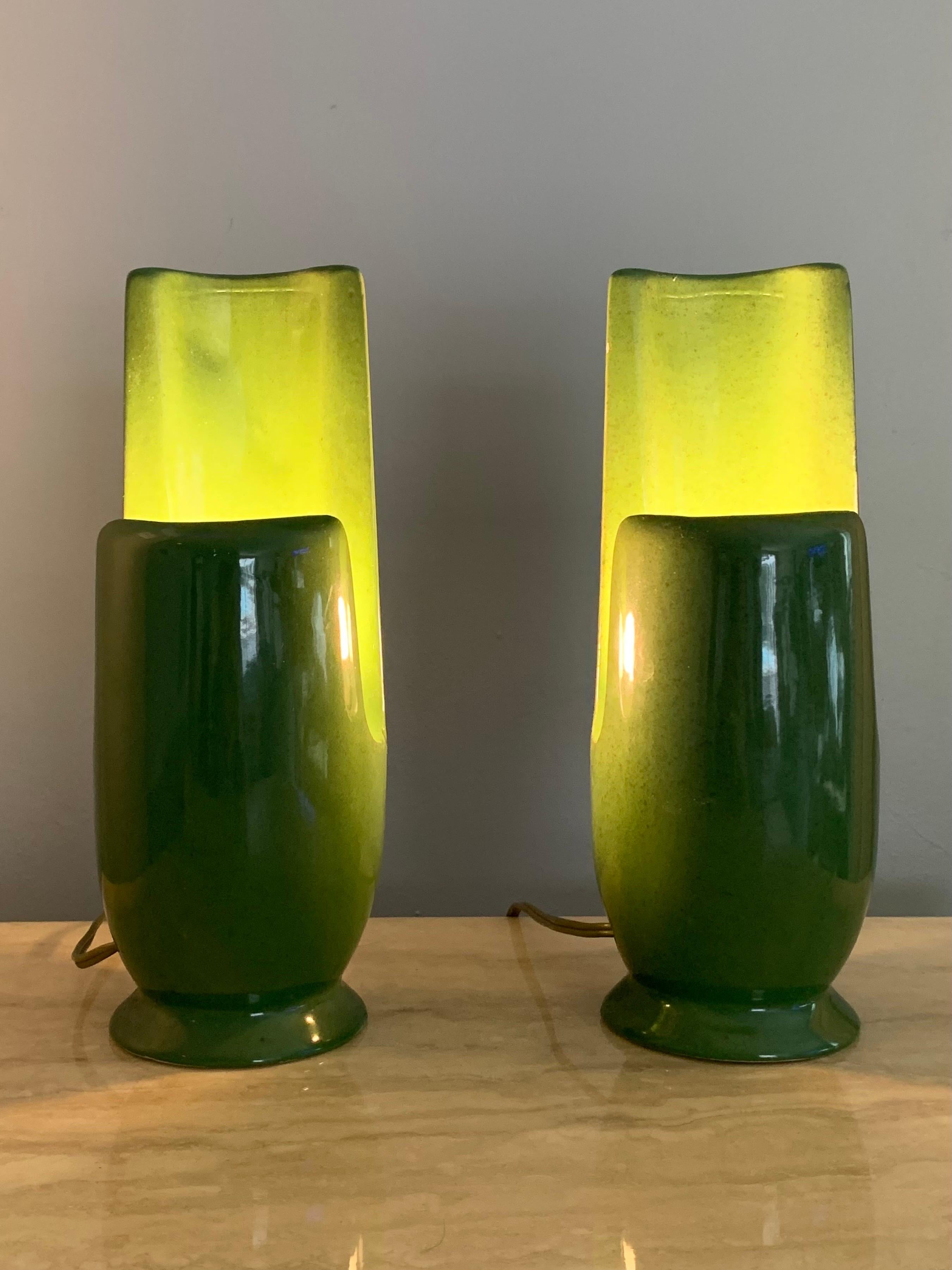 Mid-Century Modern Green Ceramic Table Lamps, Circa 1950s For Sale 1