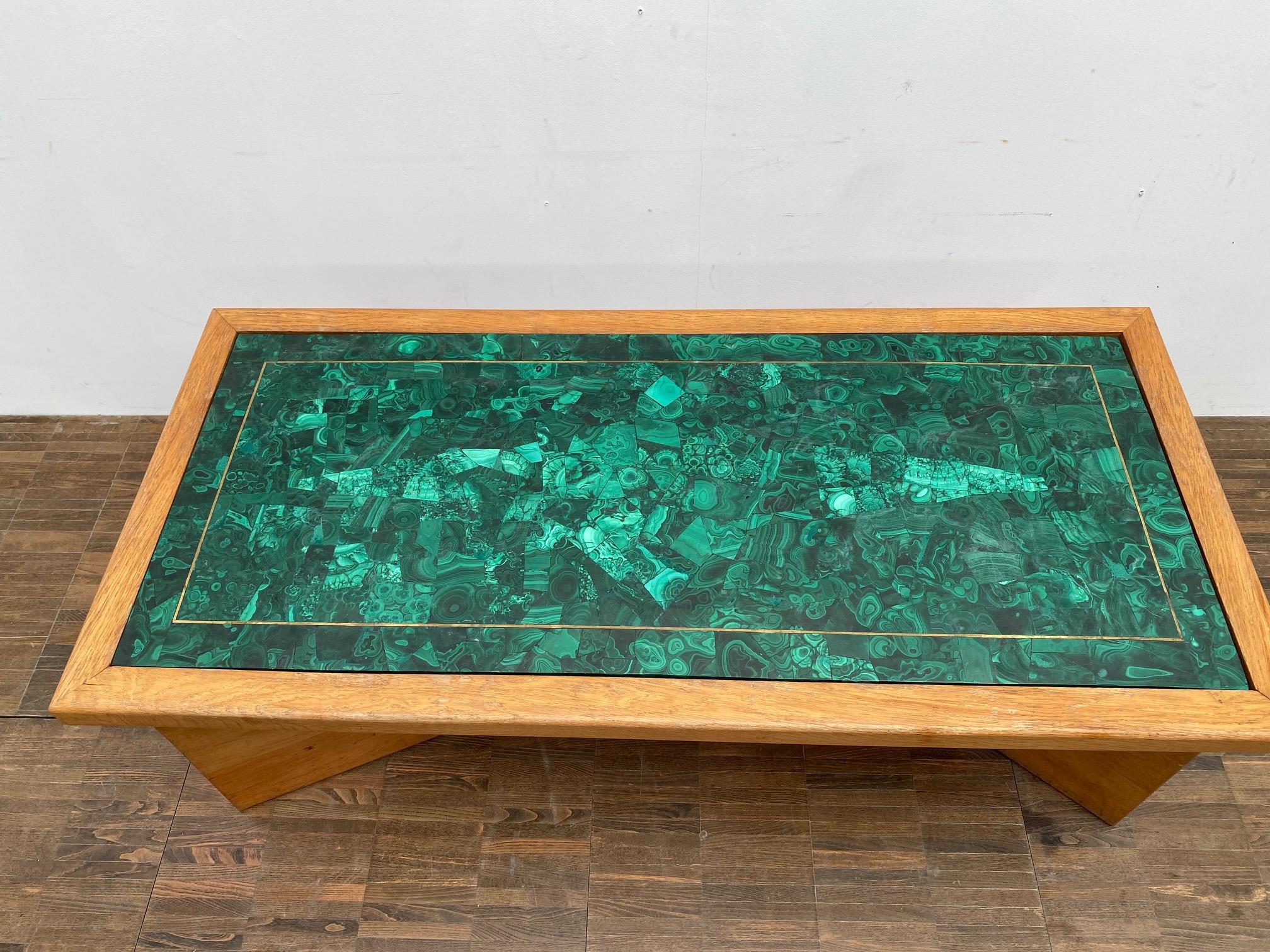 Mid-Century Modern green coffee table, malachite and wood.