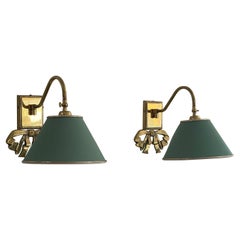Coppia di lampade moderne di metà secolo con paralume in tessuto verde e ottone, anni '60, Italia