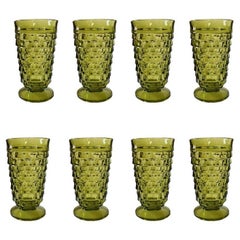 Mid-Century Modern Green Faceted Indiana Glass Drinking Glasses, Set of 8