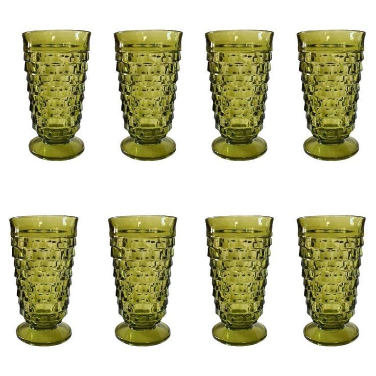 MidCentury Modern Green Faceted Indiana Glass Drinking Glasses, Set of 8 For Sale at 1stDibs