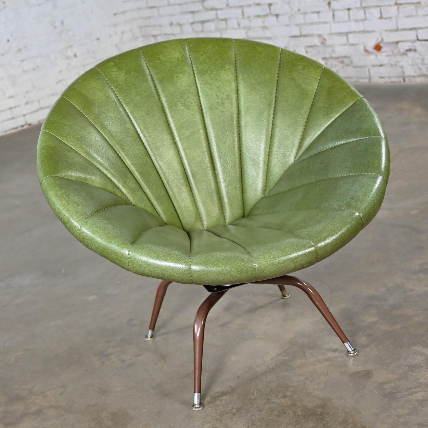 Mid Century Modern Green Faux Leather Tub or Saucer Swivel Chair with Metal Base 12