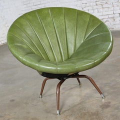 Mid Century Modern Green Faux Leather Tub or Saucer Swivel Chair with Metal Base