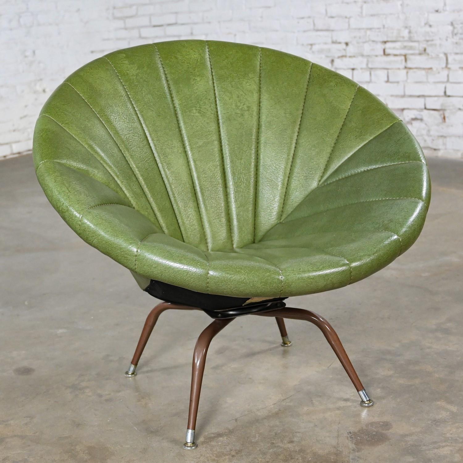 American Mid Century Modern Green Faux Leather Tub or Saucer Swivel Chair with Metal Base