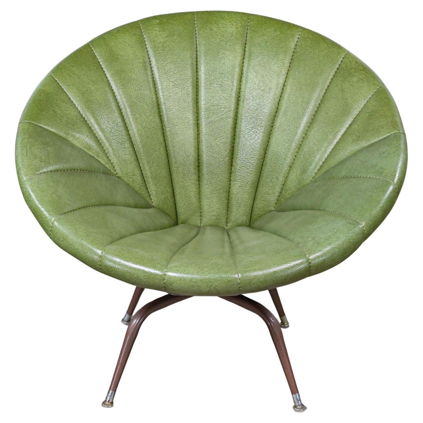 Mid Century Modern Green Faux Leather Tub or Saucer Swivel Chair with Metal Base