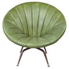 Retro Mid Century Modern Green Faux Leather Tub or Saucer Swivel Chair with Metal Base