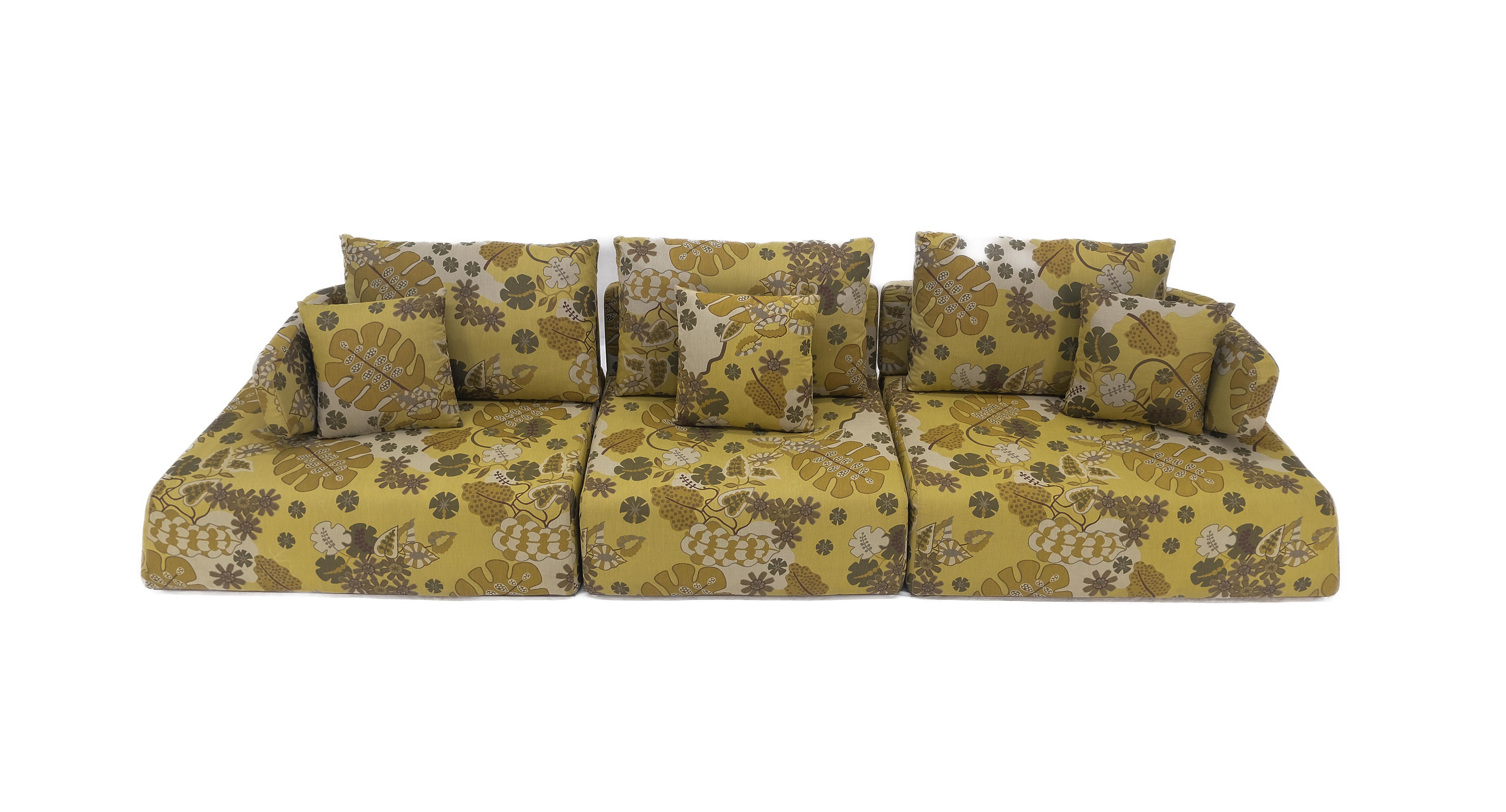 Mid-Century Modern Mid Century Modern Green Floral Pattern Upholstery Low Sitter Sofa on Platform  For Sale