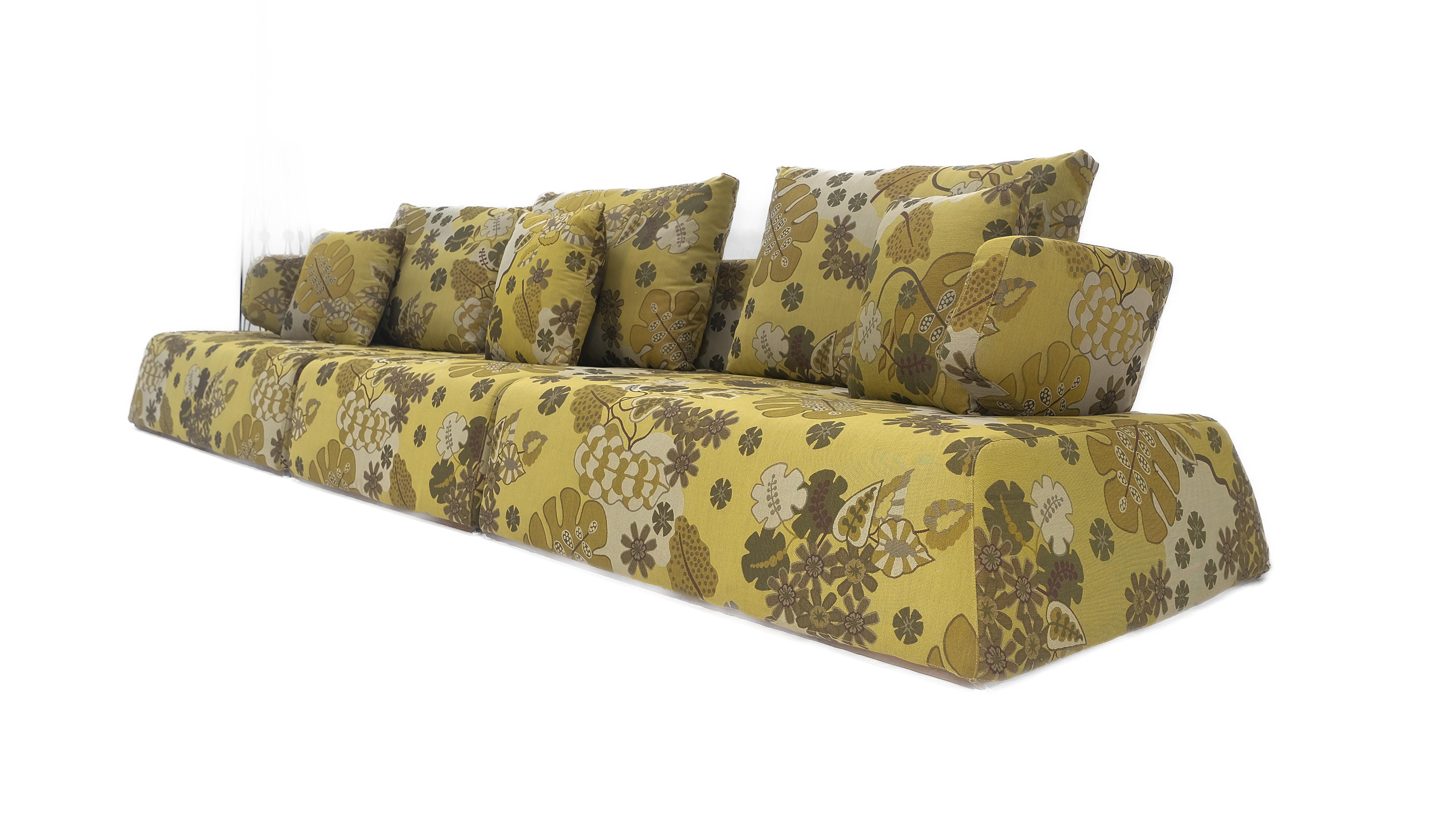 Contemporary Mid Century Modern Green Floral Pattern Upholstery Low Sitter Sofa on Platform  For Sale