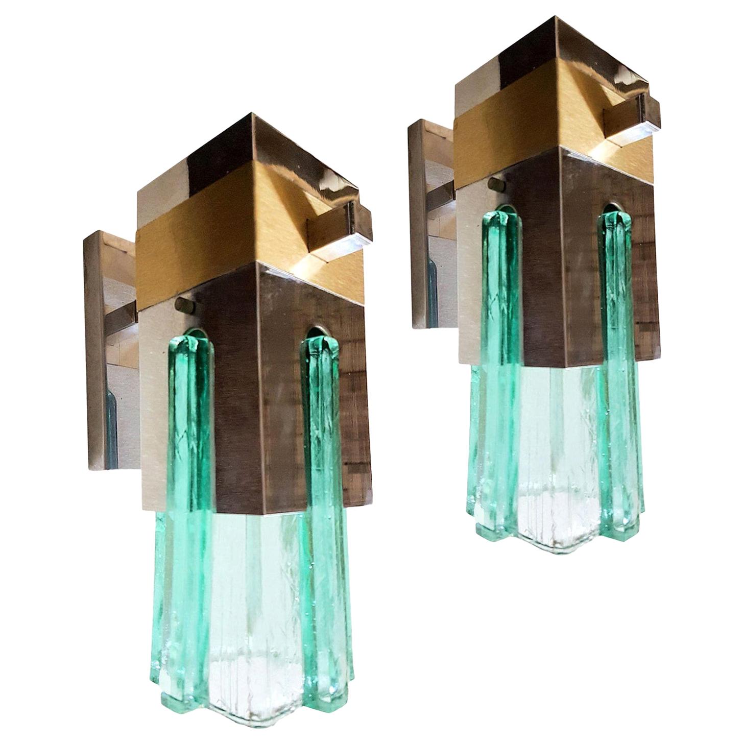 Mid-Century Modern Green Glass Brass Chrome Geometric Sconces Sciolari Style