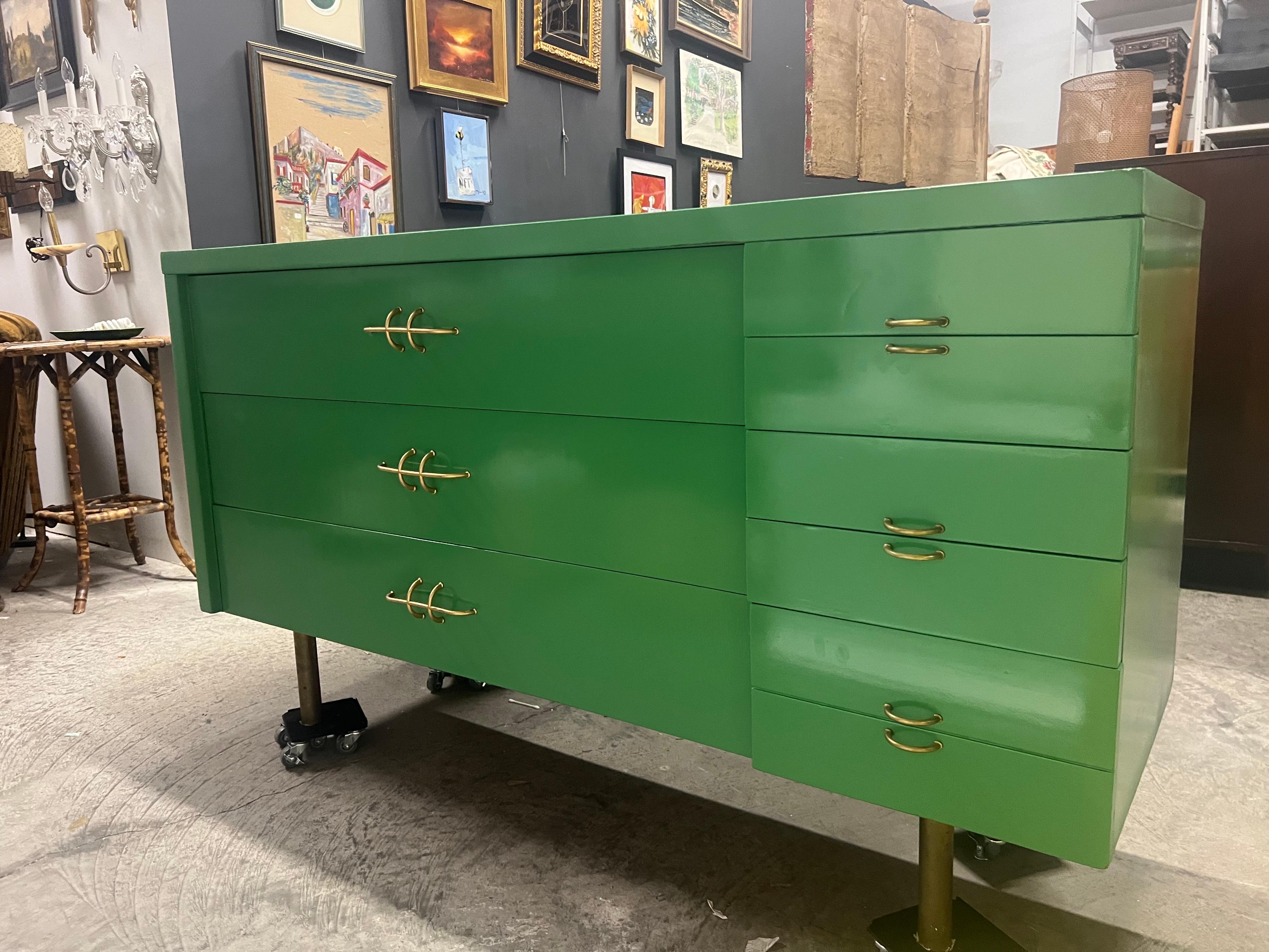 Mid-Century Modern Green Lacquered Dresser With Brass Legs 13