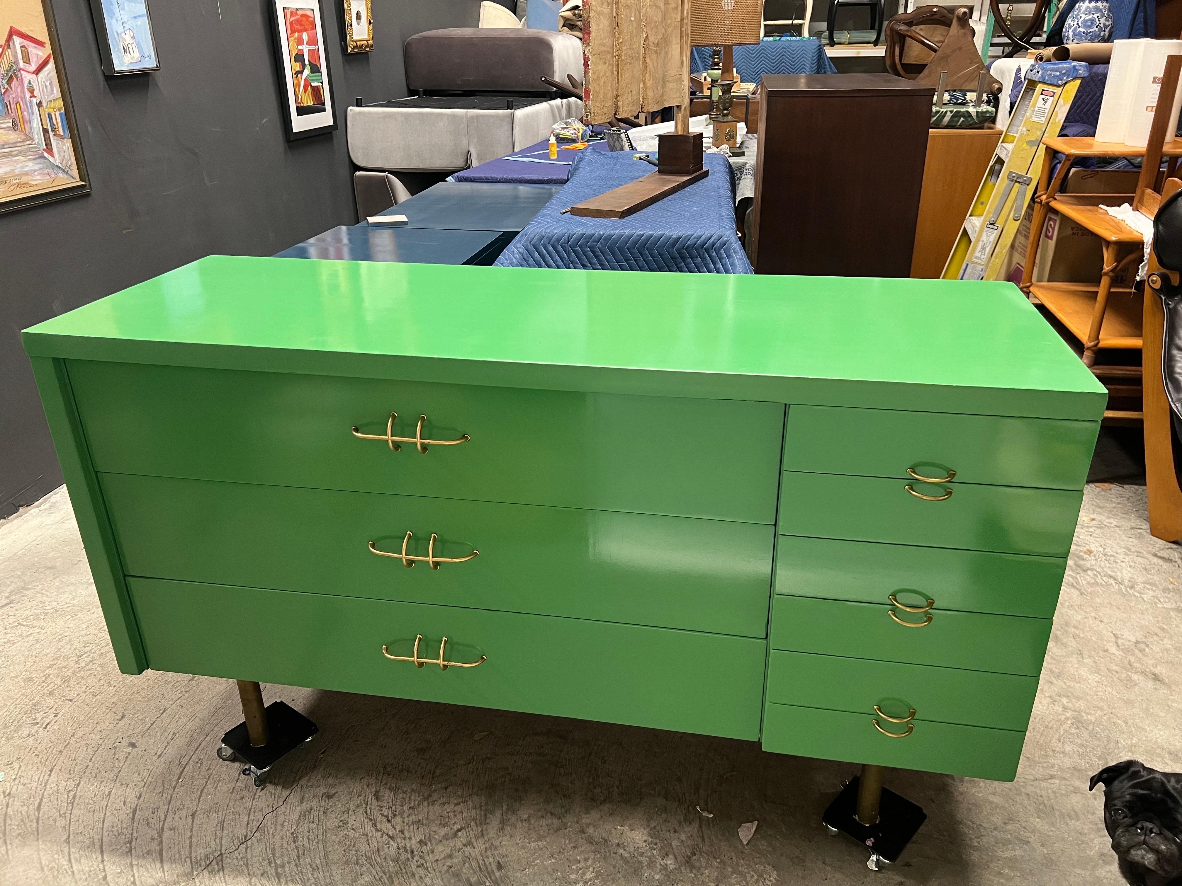 American Mid-Century Modern Green Lacquered Dresser With Brass Legs