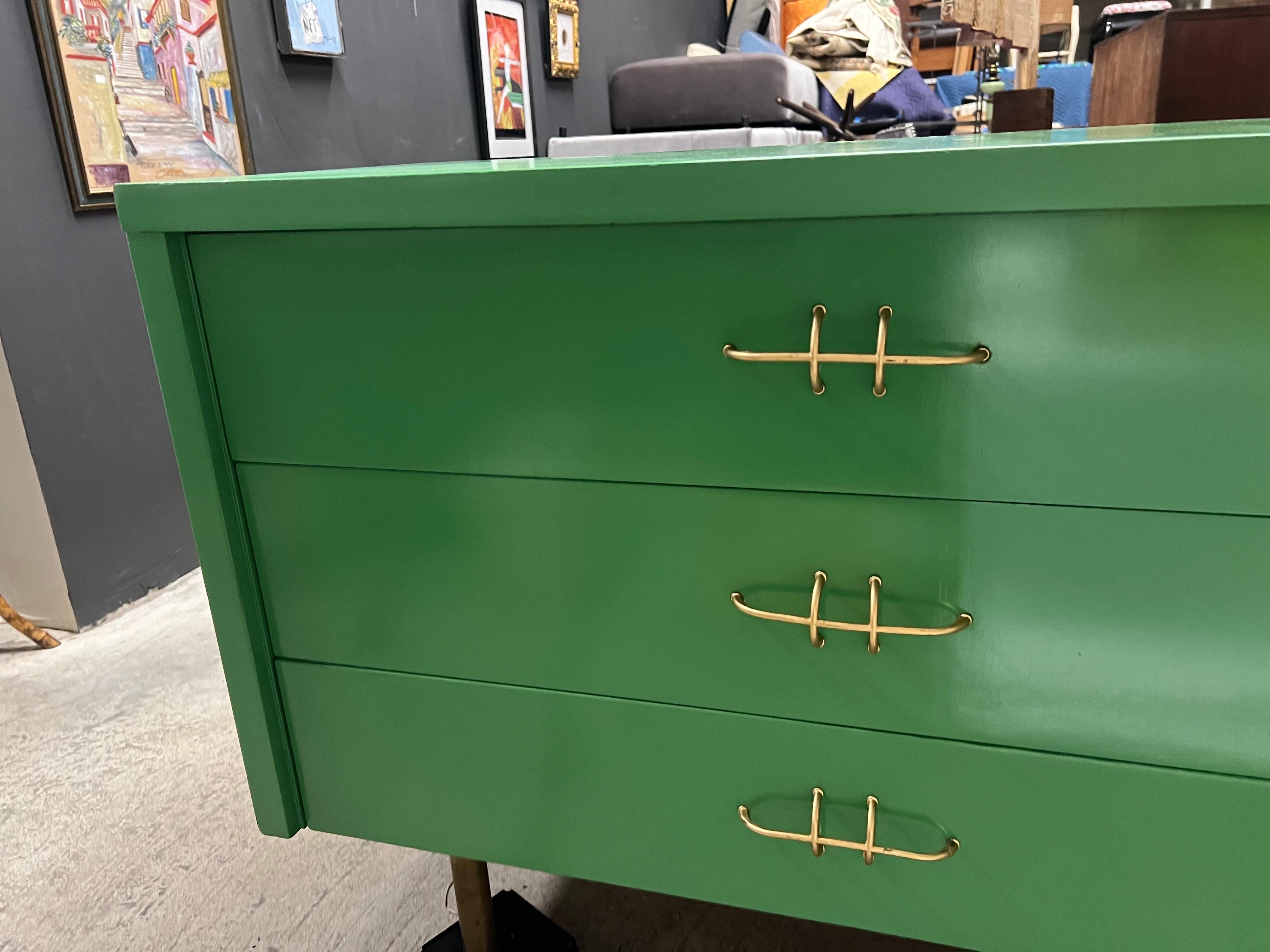 20th Century Mid-Century Modern Green Lacquered Dresser With Brass Legs