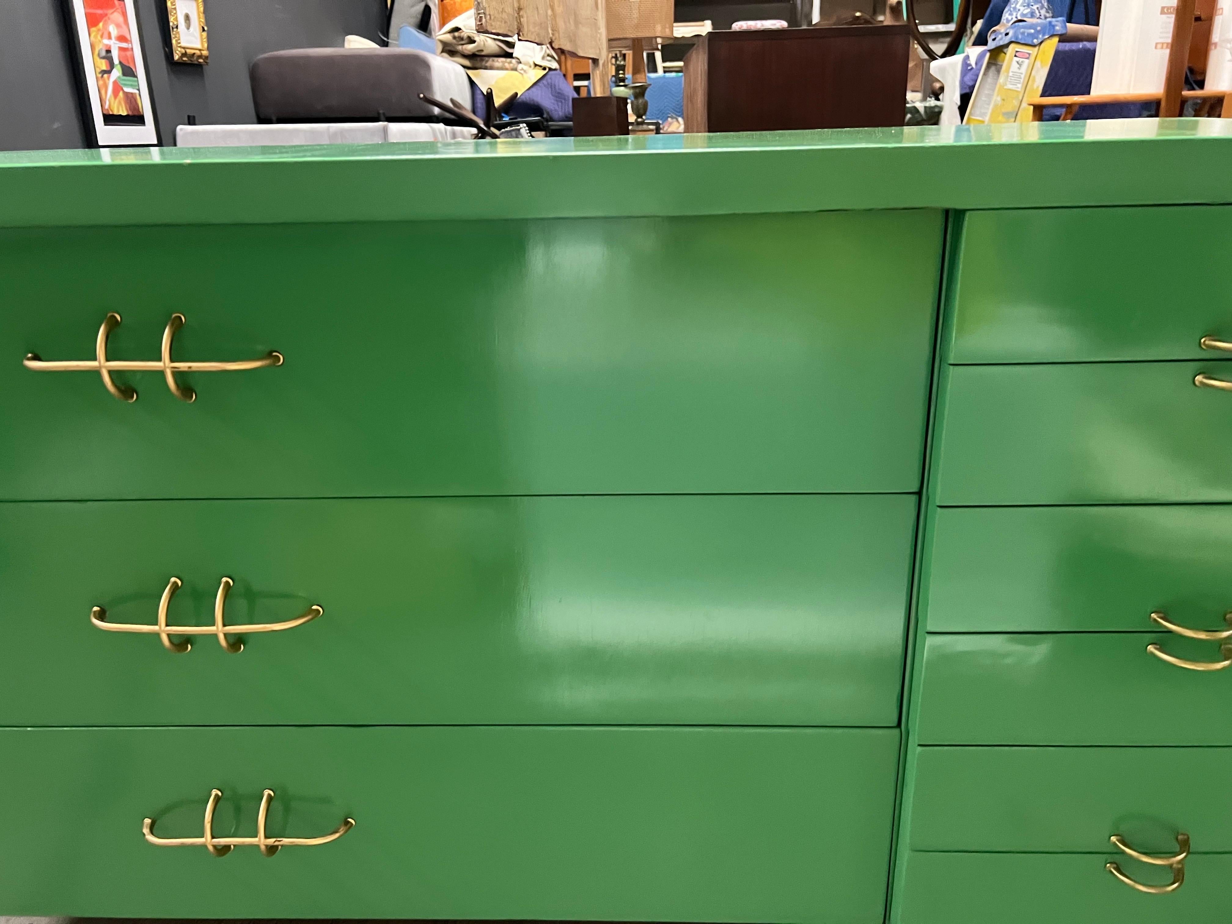 Mid-Century Modern Green Lacquered Dresser With Brass Legs 2