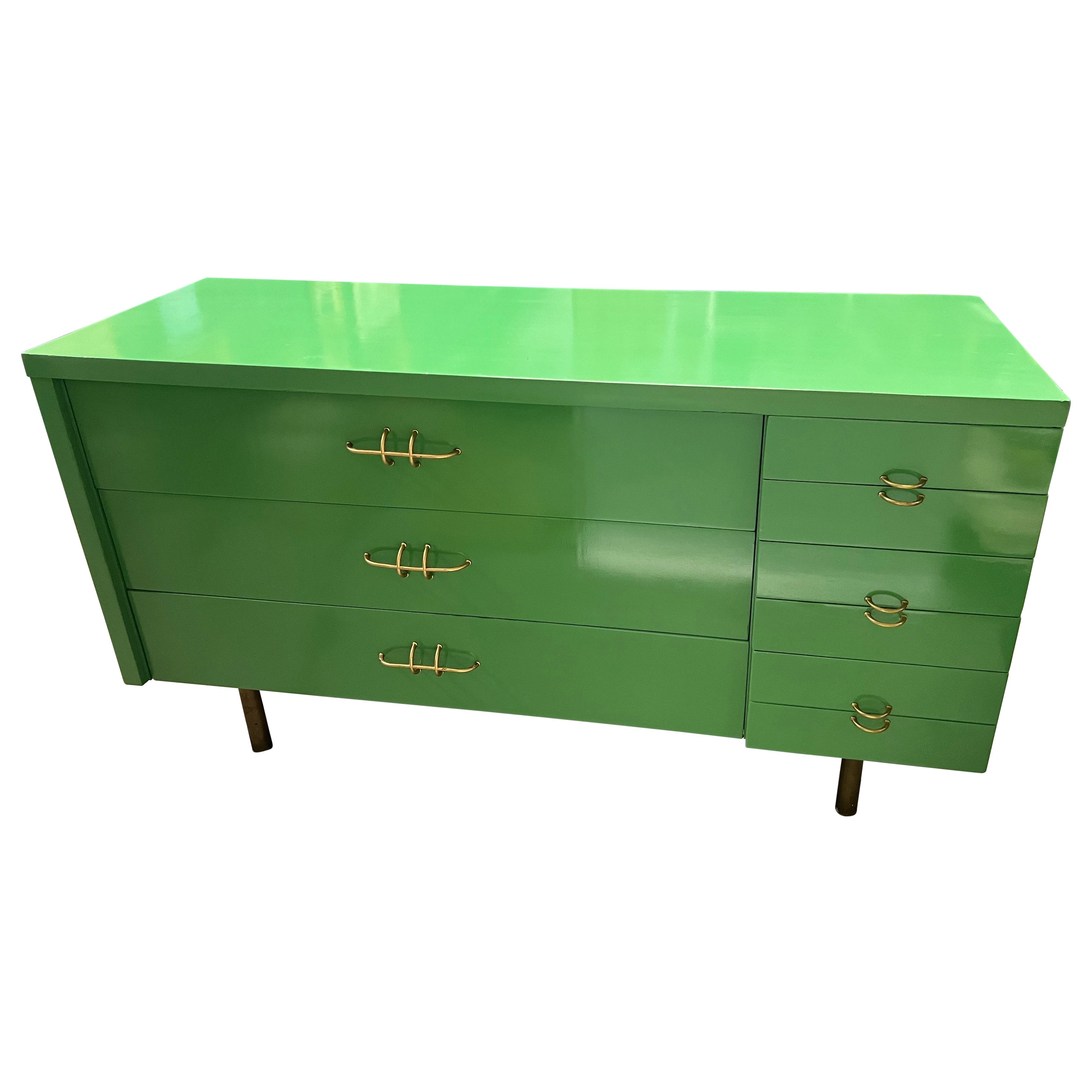 Mid-Century Modern Green Lacquered Dresser With Brass Legs