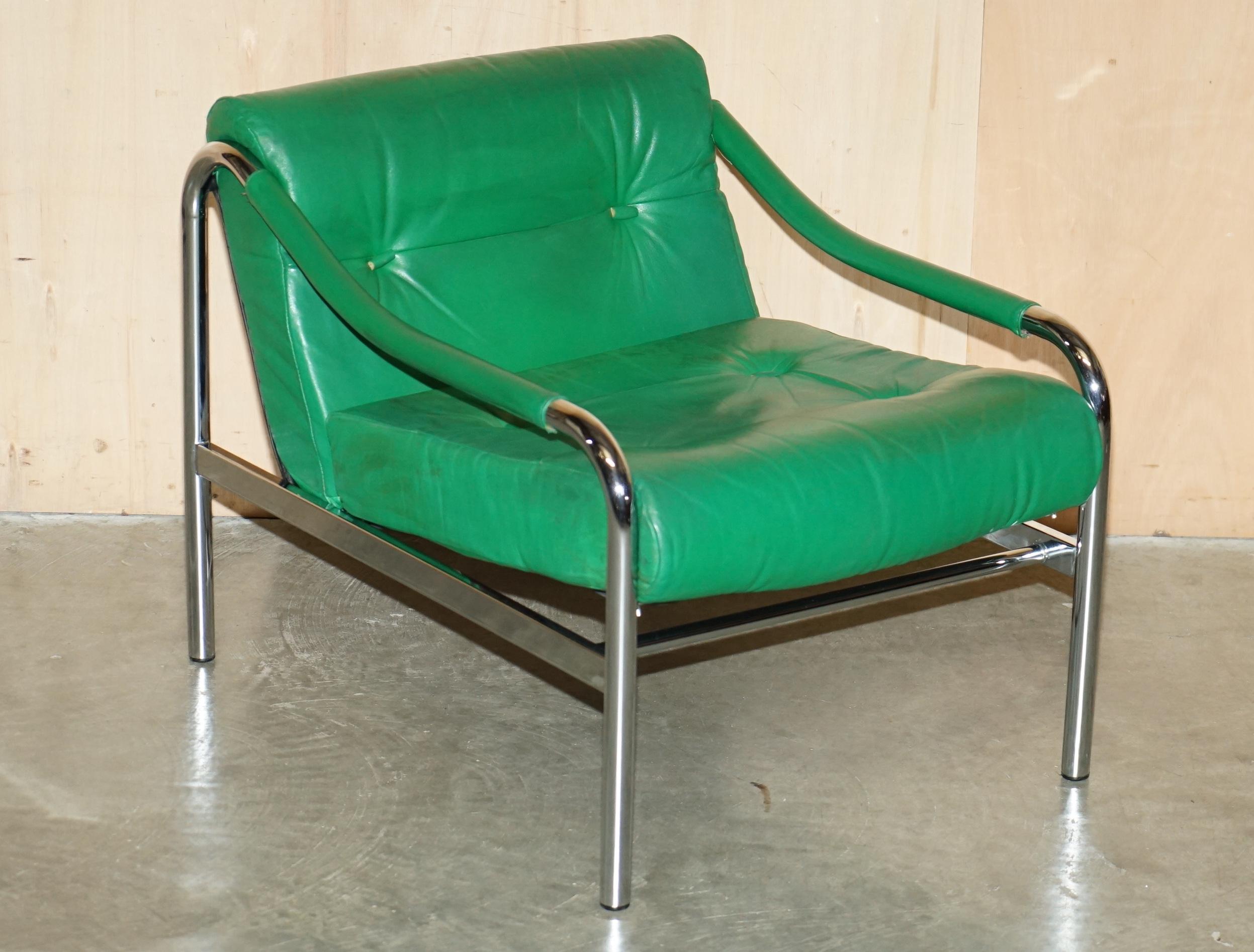 MID CENTURY MODERN GREEN LEATHER PAIR OF TIM BATES BETA ARMCHAiRS BY PIEFF 10