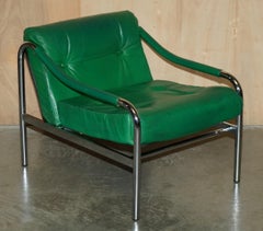 MID CENTURY MODERN GREEN LEATHER PAIR OF TIM BATES BETA ARMCHAiRS BY PIEFF